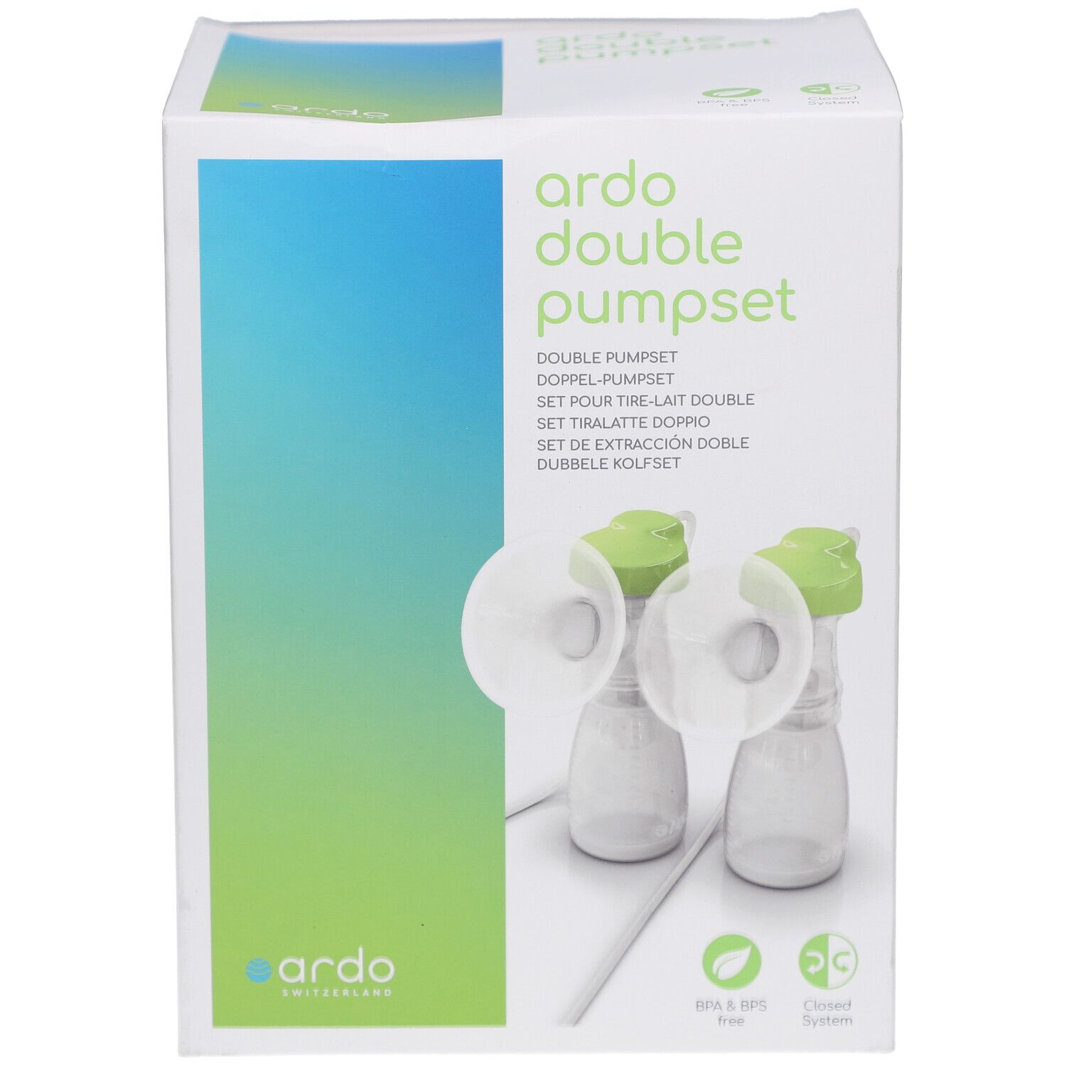 Emballage ARDO Doppel-Pumpset. Deux pompes avec couvercles verts sont visibles. Le nom du produit et le logo sont affichés.