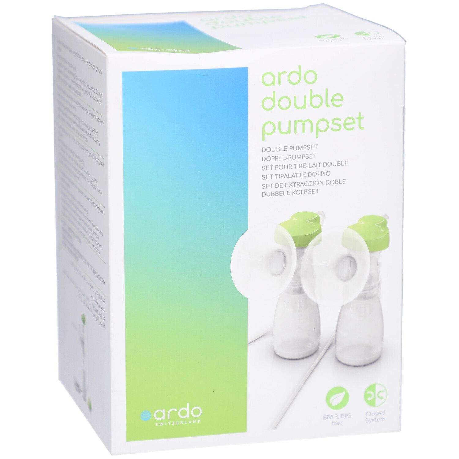 Emballage ARDO Doppel-Pumpset. Deux pompes avec couvercles verts sont visibles. Le nom du produit et le logo sont affichés.