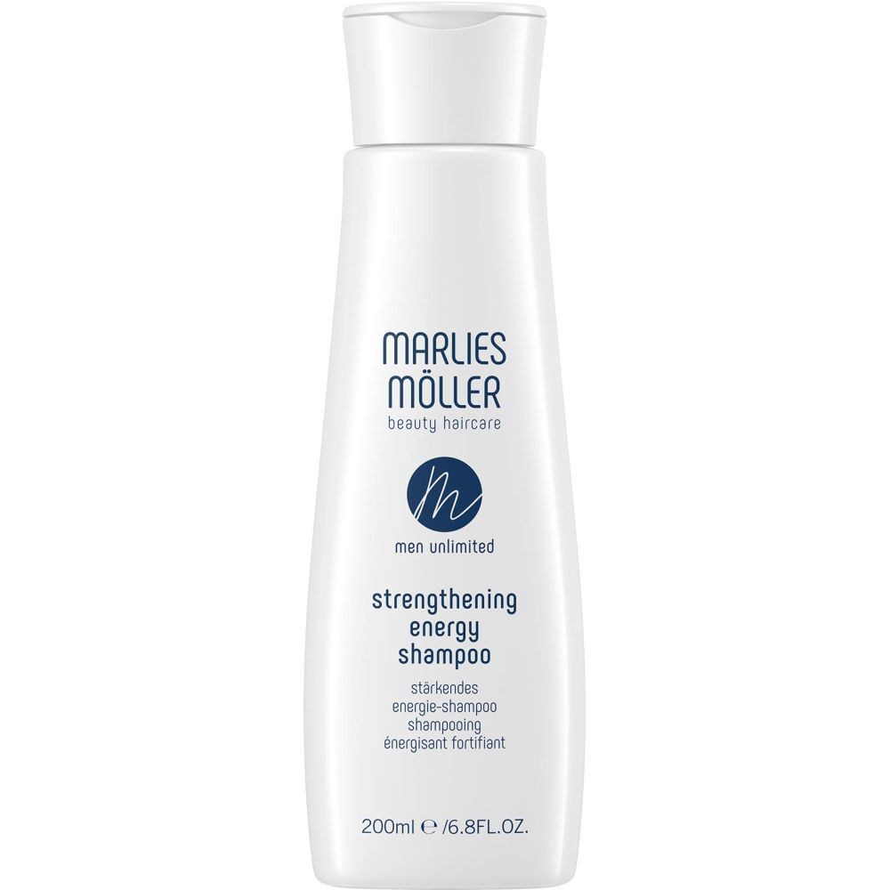 Flacon blanc de shampooing Marlies Möller. Texte: Men Unlimited, Strengthening Energy Shampoo. 200ml.