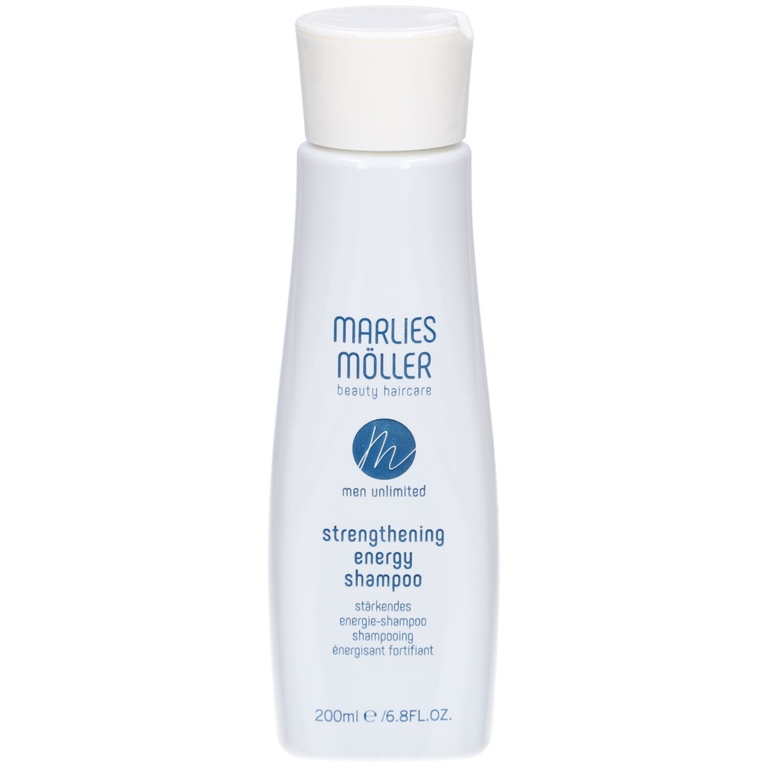 Flacon blanc de shampooing Marlies Möller. Texte: Men Unlimited, Strengthening Energy Shampoo. 200ml.