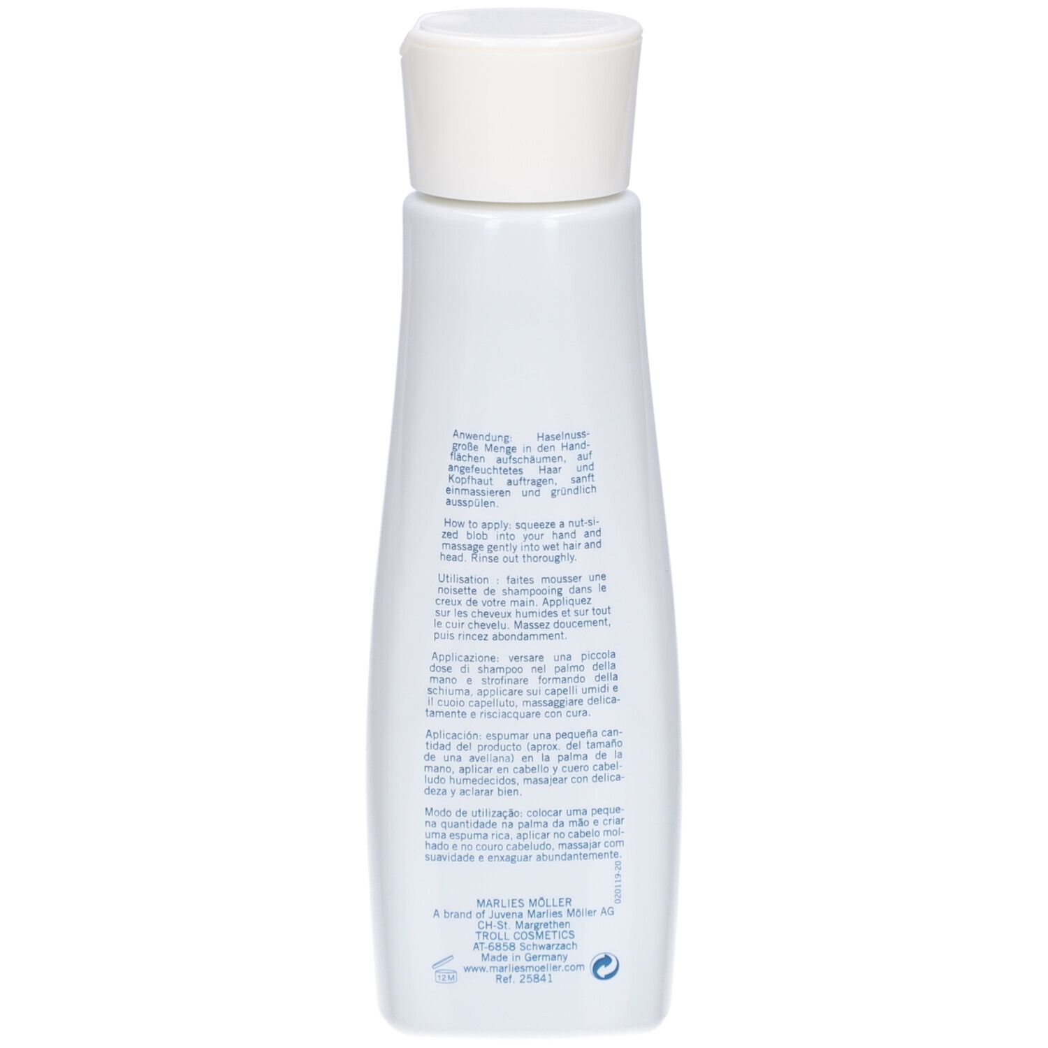 Dos du flacon de shampooing. Texte en plusieurs langues. Logo Marlies Möller.