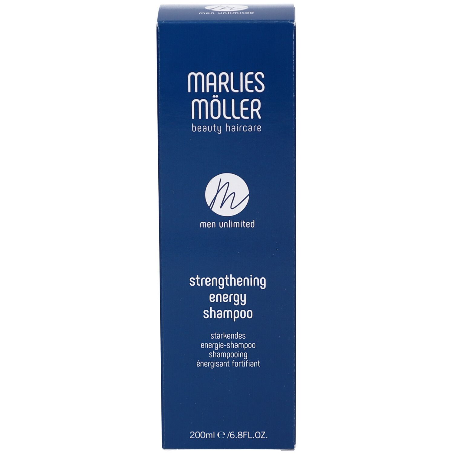 Emballage bleu du shampooing Marlies Möller. Nom du produit et logo visibles.