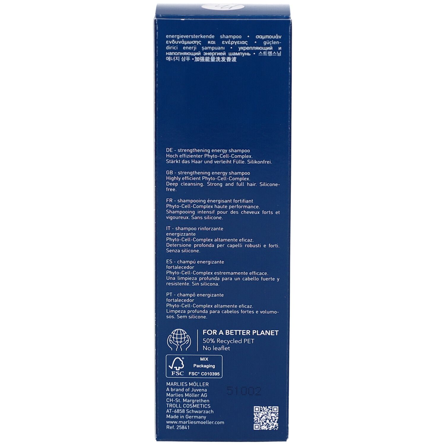 Dos de l'emballage bleu. Texte en plusieurs langues. Logo Marlies Möller.