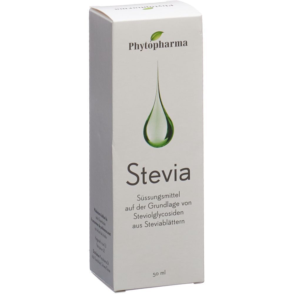 Boîte blanche avec logo et nom du produit Stevia. Symbole de goutte. 50 ml. Phytopharma.