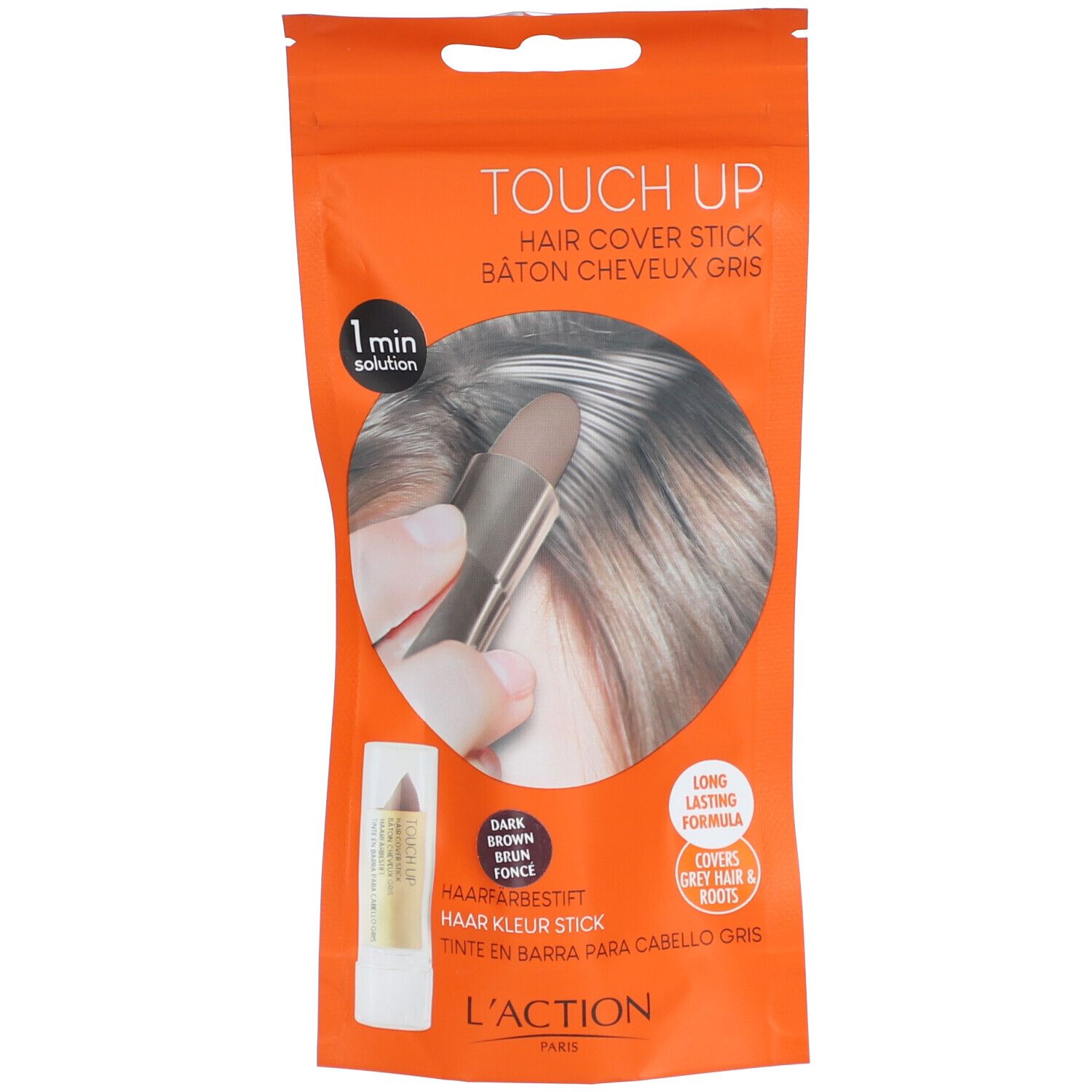 Bâton de coloration brun foncé dans un emballage orange. Inscription "Touch Up". Solution rapide, 1 minute.
