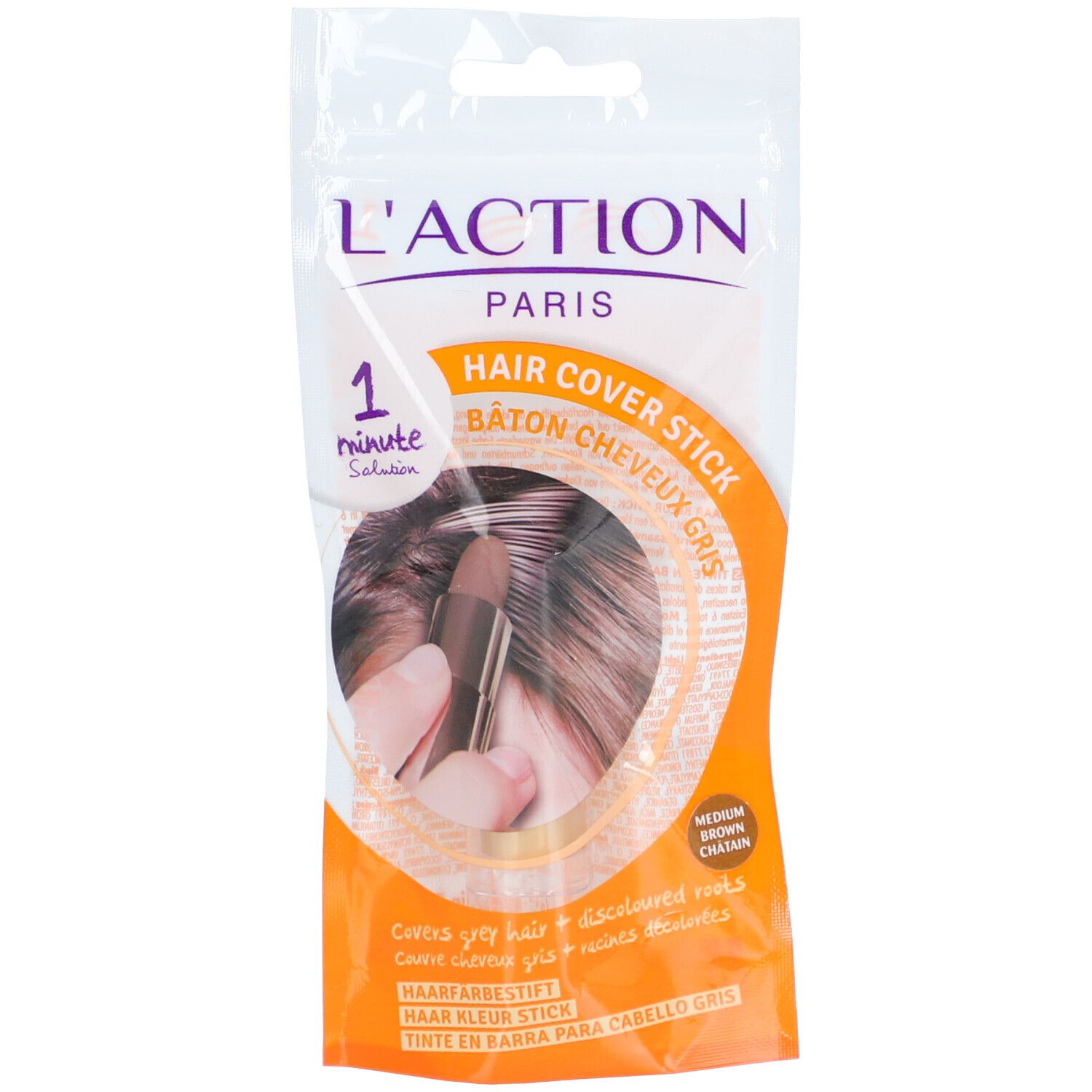 Haarverfstick in verpakking. L'ACTION PARIS, 1 Minute Solution. Medium bruin. Bedekt grijs haar.