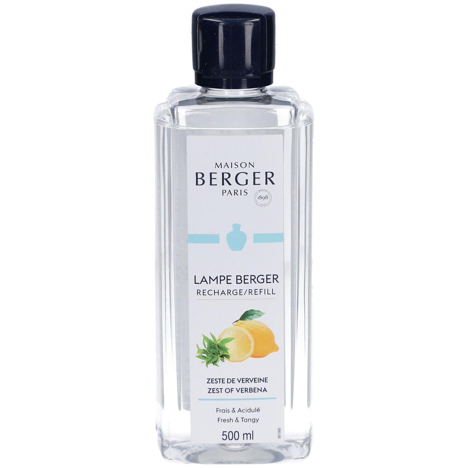 Recharge liquide transparente avec bouchon noir. Étiquette avec nom du produit, illustration de citron et menthe.