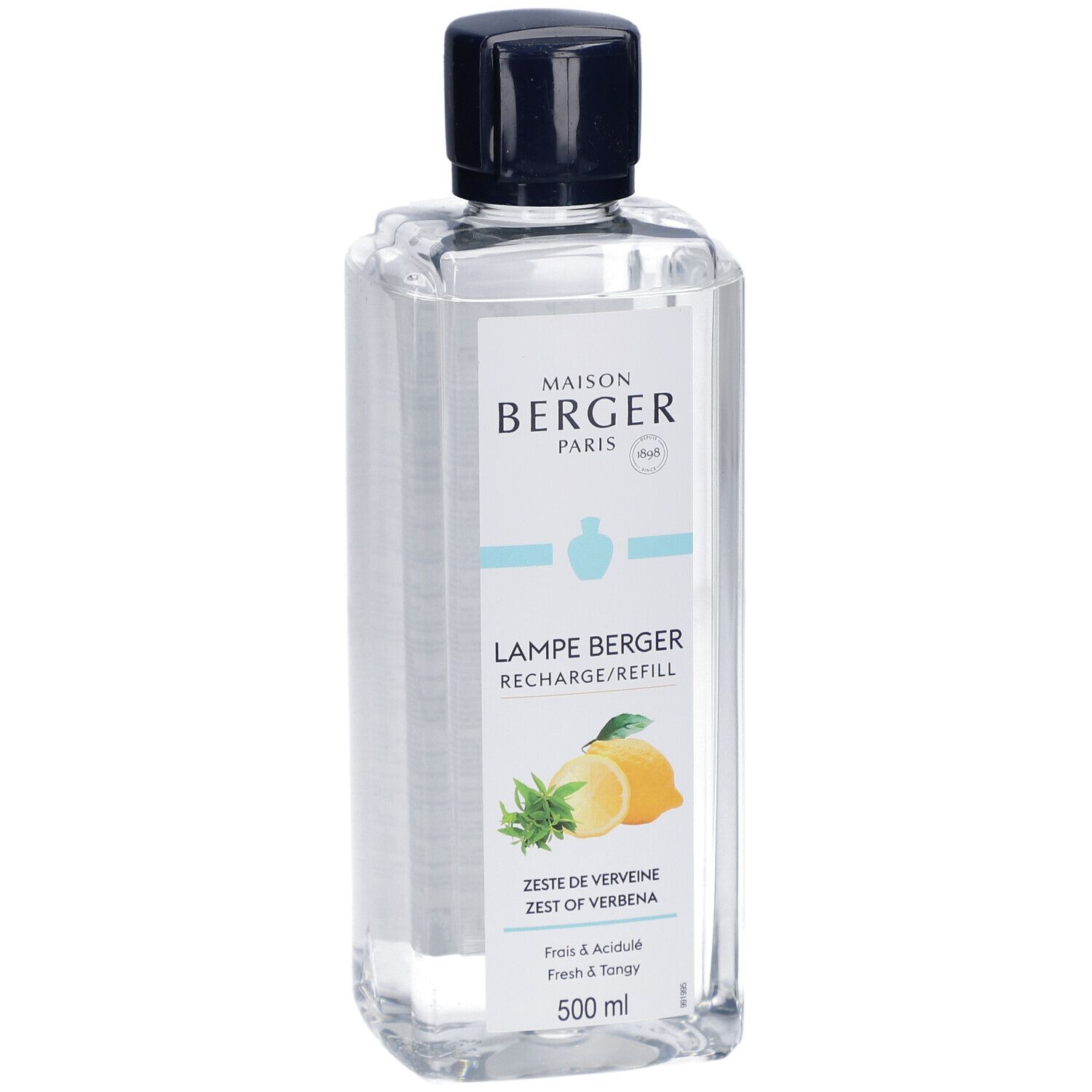 Recharge liquide transparente avec bouchon noir. Étiquette avec nom du produit, illustration de citron et menthe.