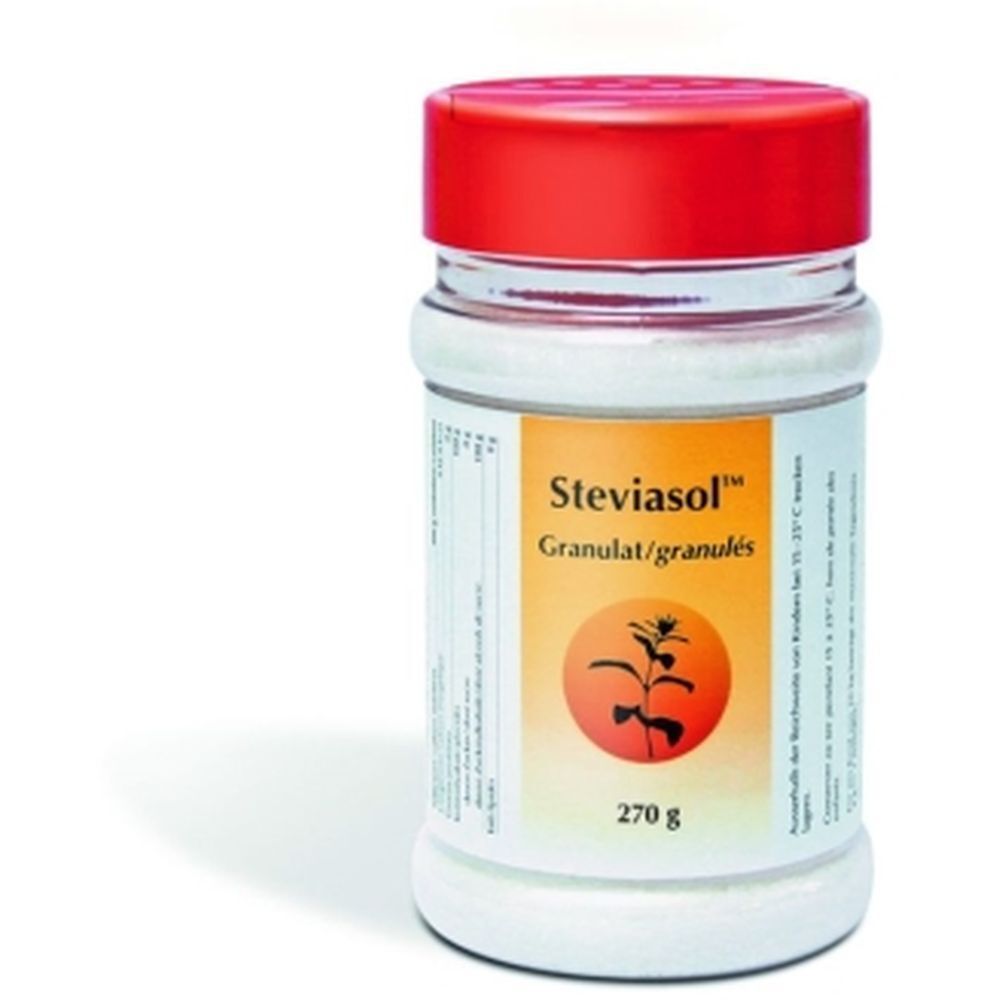 Transparante pot met rode deksel. Opschrift: Steviasol Granulat. 270 g. Logo met plant.