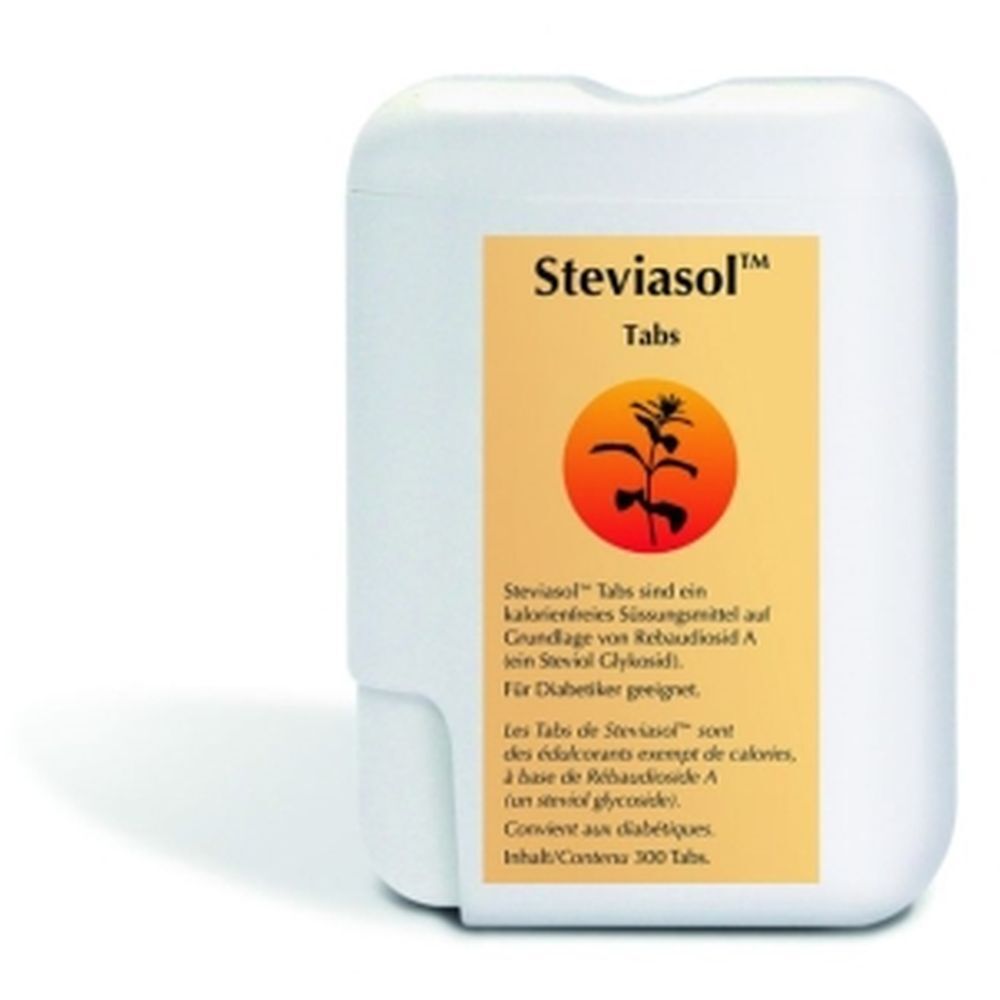 Boîte blanche de Steviasol Tabs avec étiquette jaune. Texte: Steviasol Tabs, logo, ingrédients, 300 Tabs.