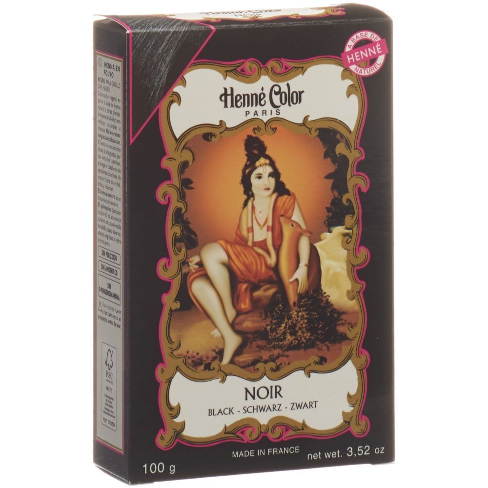 Zwarte Henna Color doos. Op de voorkant: illustratie van een vrouw. Tekst: Noir, Black, Schwarz, Zwart. 100 g, 3.52 oz.