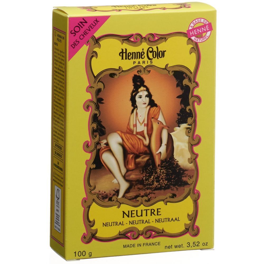 Gele verpakking met Henna Color logo en afbeelding van een vrouw. Tekst: NEUTRE, 100 g, Made in France.