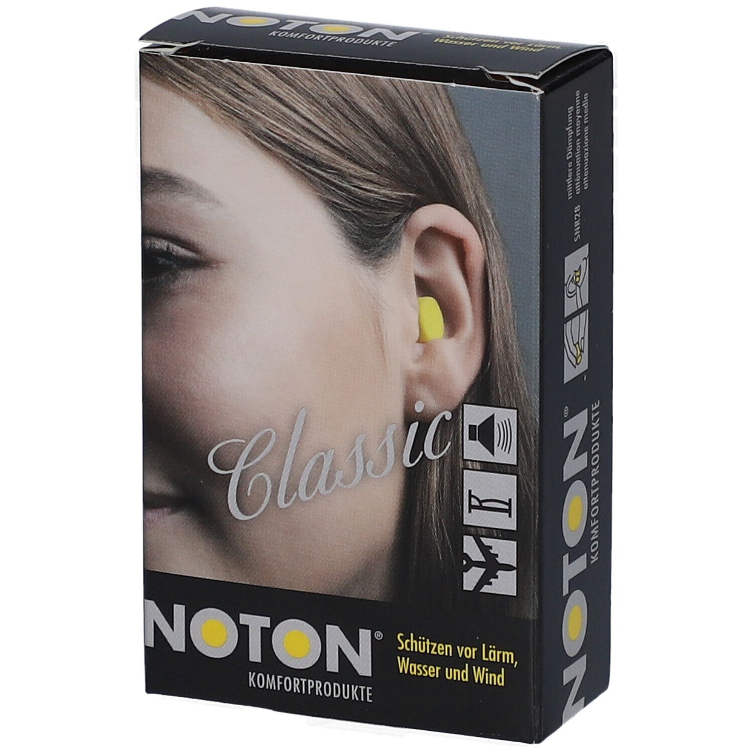 Doos met gele oordopjes. Opschrift: NOTON, Classic, Komfortprodukte. Vrouw met oordopje in oor.