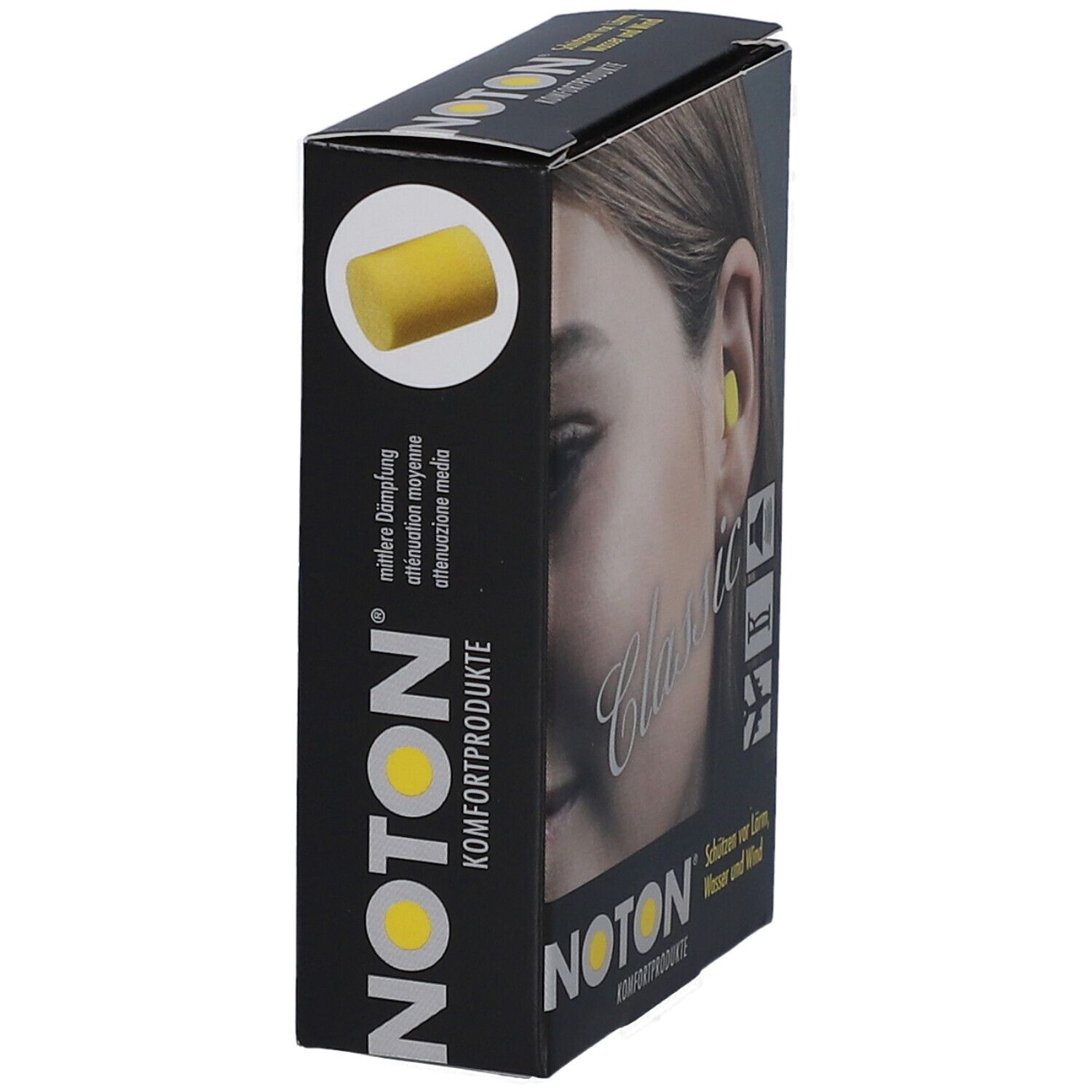 Doos met geel oordopjessymbool. Opschrift: NOTON, Komfortprodukte. Vrouw met oordopje in oor.