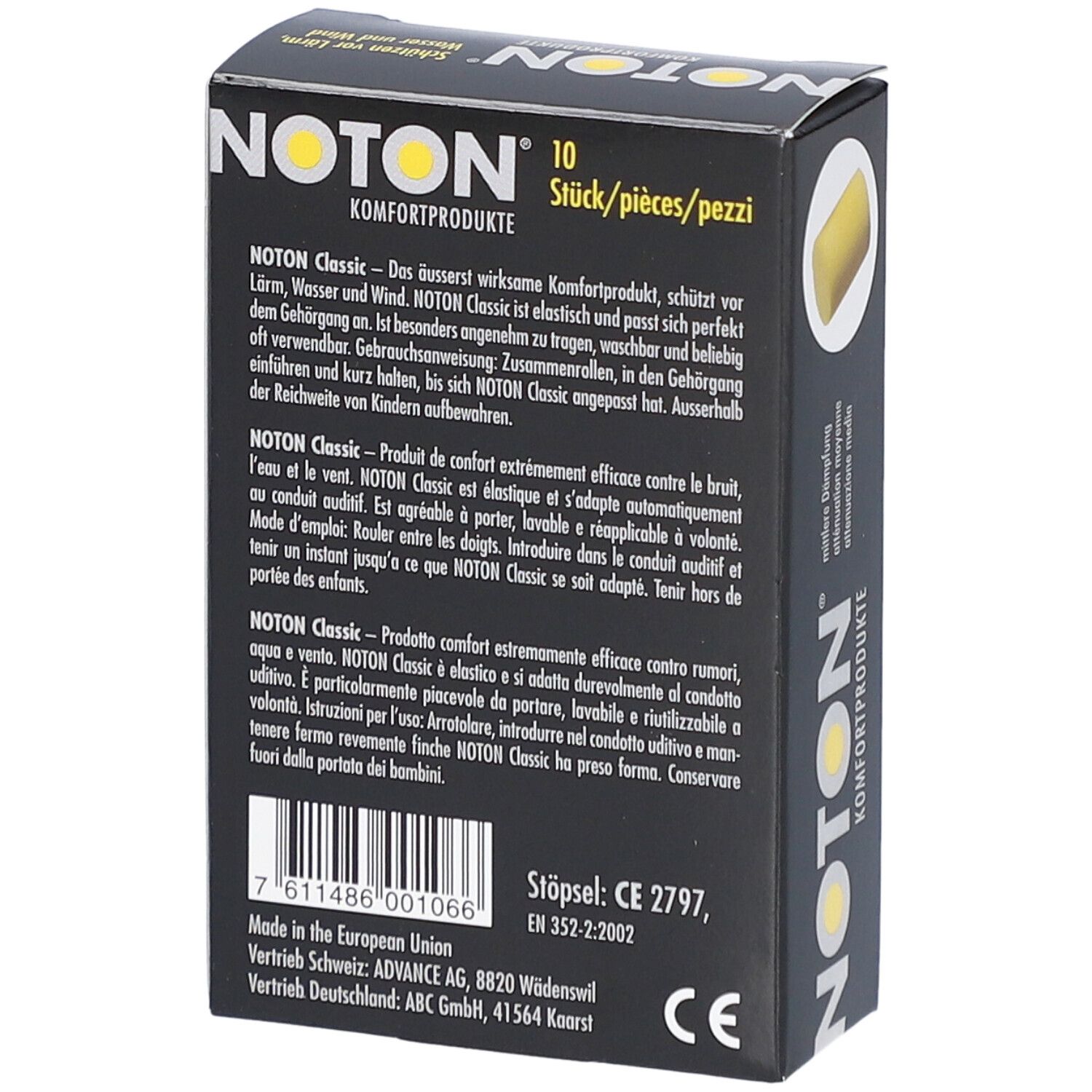 Doos met tekst. Opschrift: NOTON, Komfortprodukte, 10 stuks. CE-markering. Tekst in het Duits, Frans en Italiaans.