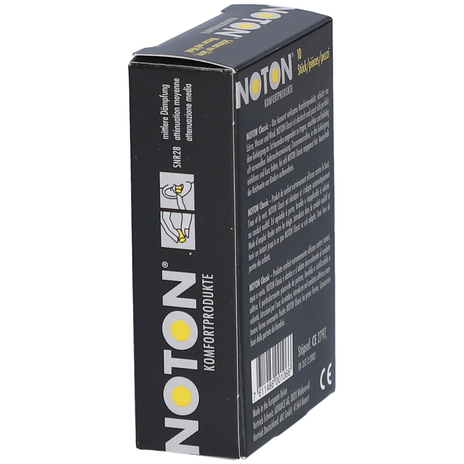 Doos met tekst en geel oordopjessymbool. Opschrift: NOTON, Komfortprodukte, SNR28. CE-markering.