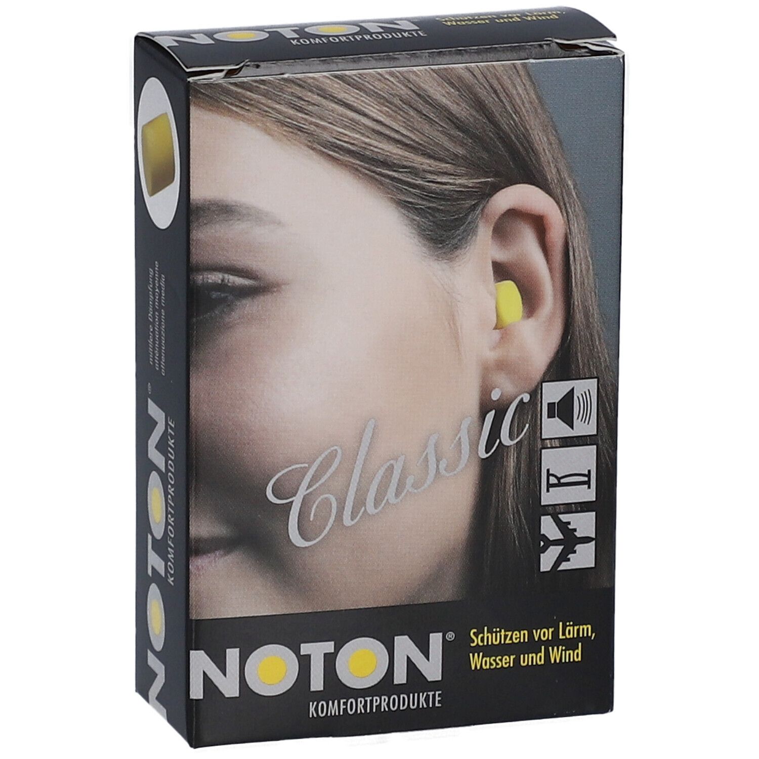 Doos met geel oordopjessymbool. Opschrift: NOTON, Classic, Komfortprodukte. Vrouw met oordopje in oor.