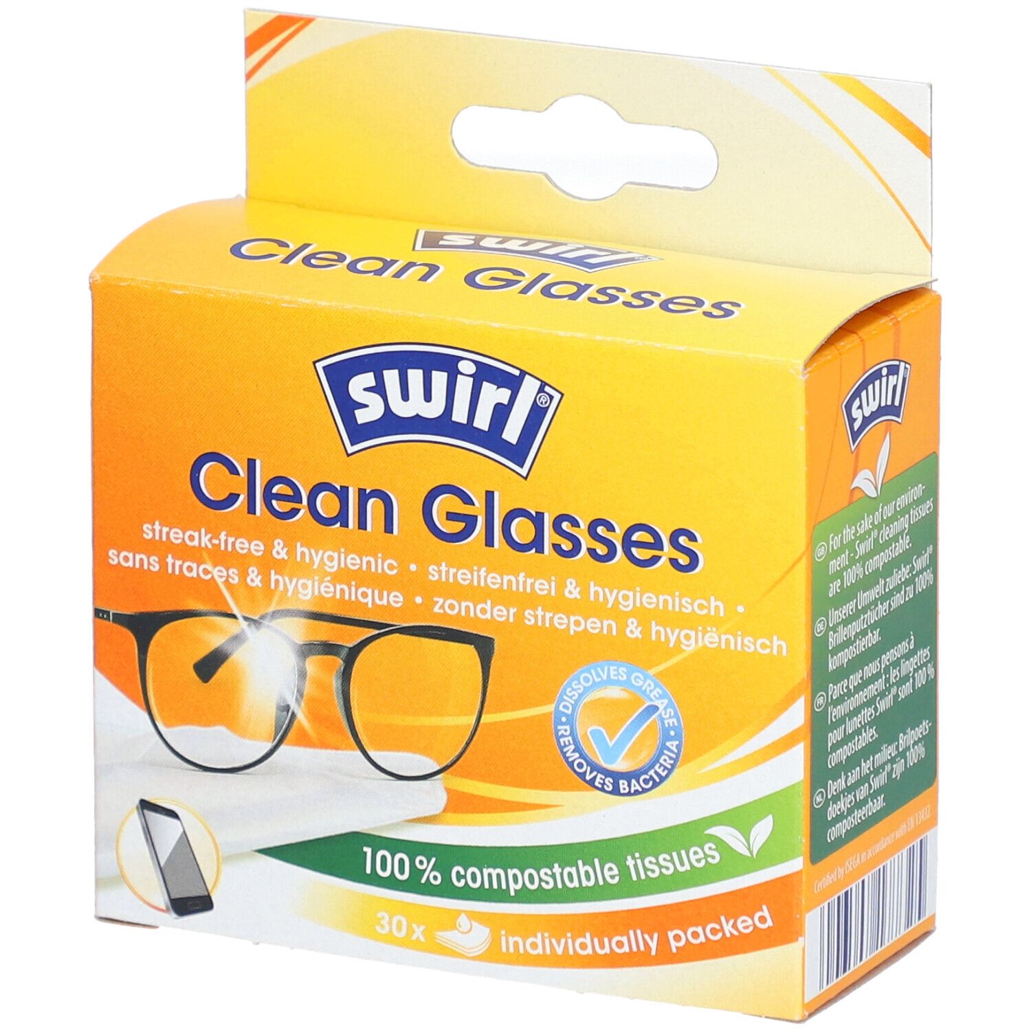 Boîte jaune "Clean Glasses" et logo "swirl". Contient 30 lingettes nettoyantes compostables emballées individuellement.