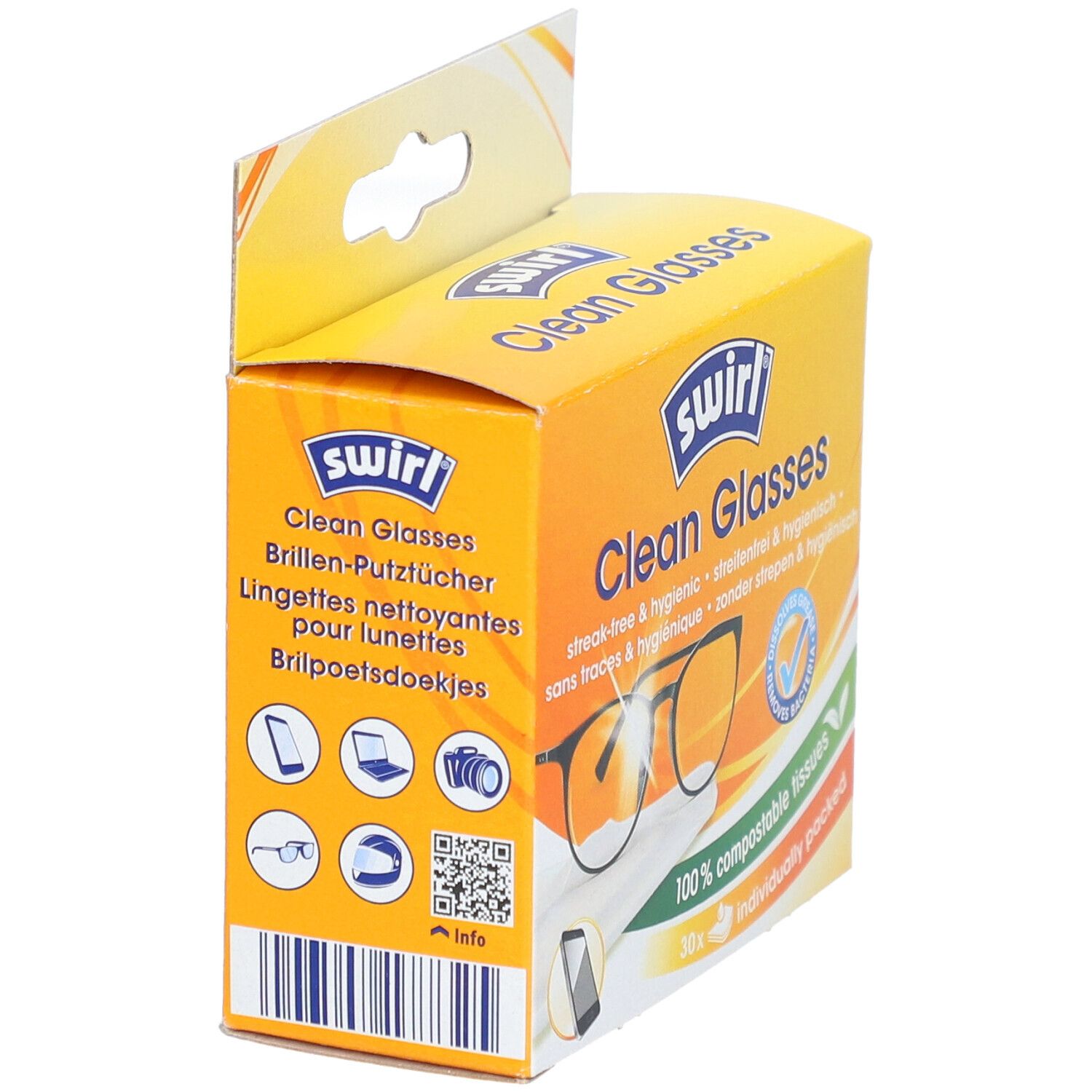Boîte jaune "Clean Glasses" et logo "swirl". Texte en allemand, français, italien et néerlandais.