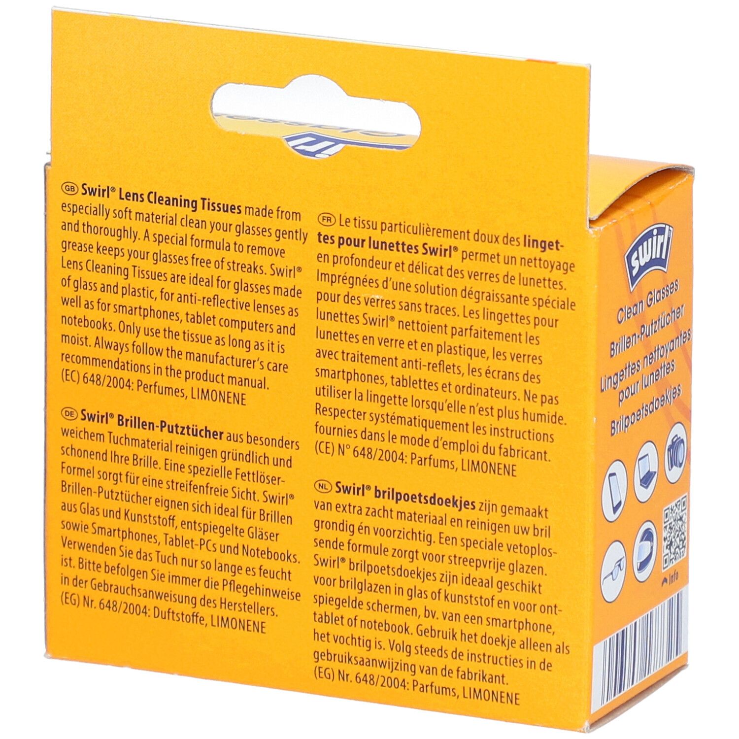 Dos de la boîte jaune. Texte en allemand, français et néerlandais. Informations sur les lingettes.