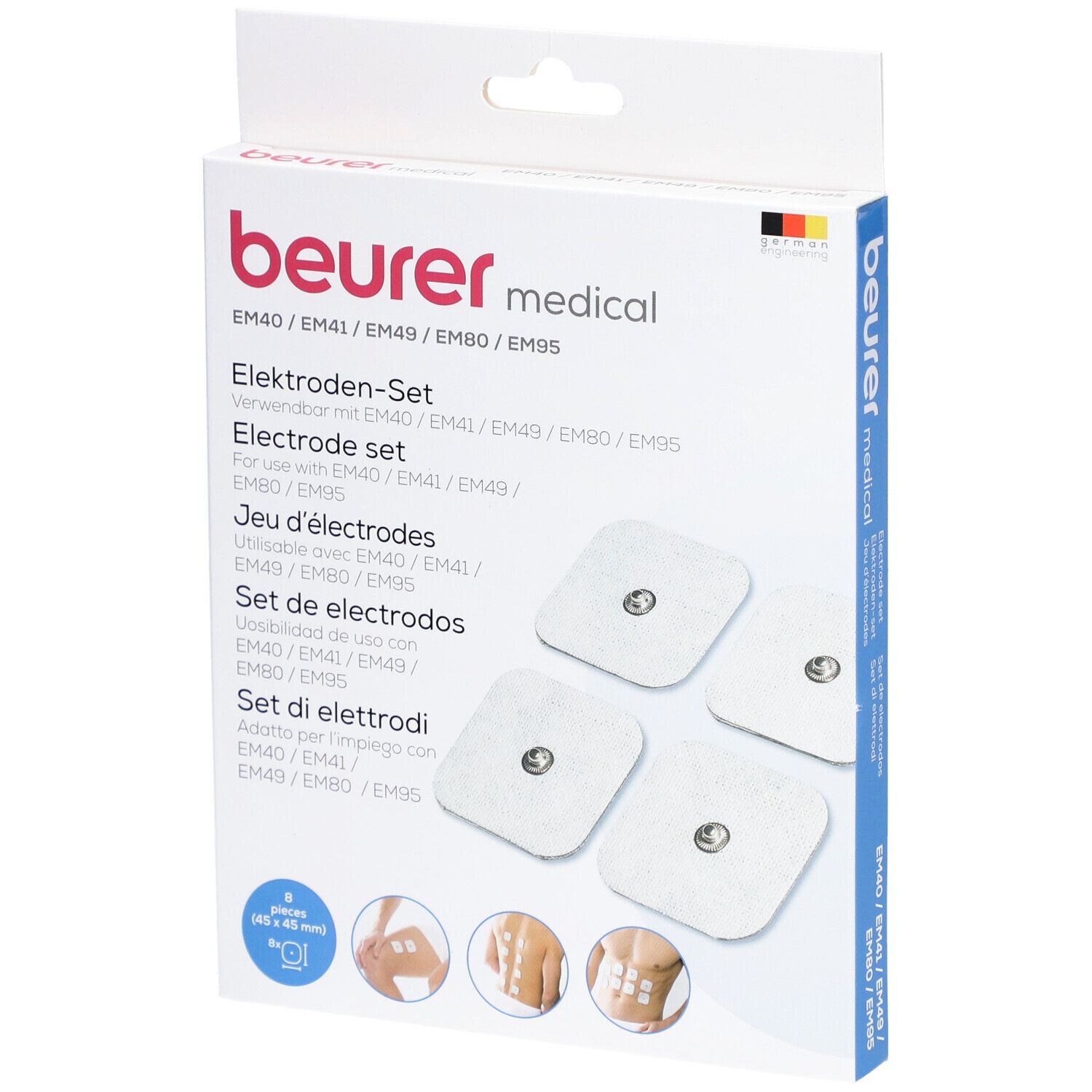 Beurer elektroden set. Verpakking met 4 vierkante, witte elektroden. Merk en productnaam zichtbaar.