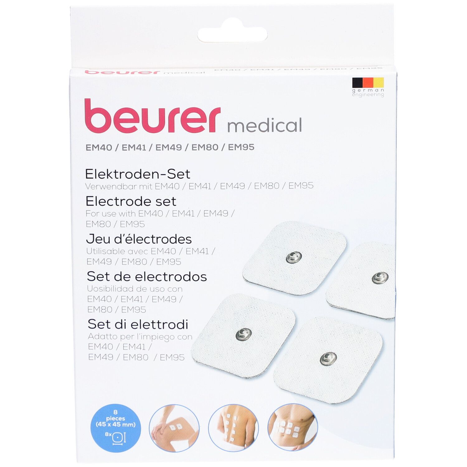 Beurer elektroden set. Verpakking met 4 vierkante, witte elektroden. Merk en productnaam zichtbaar.