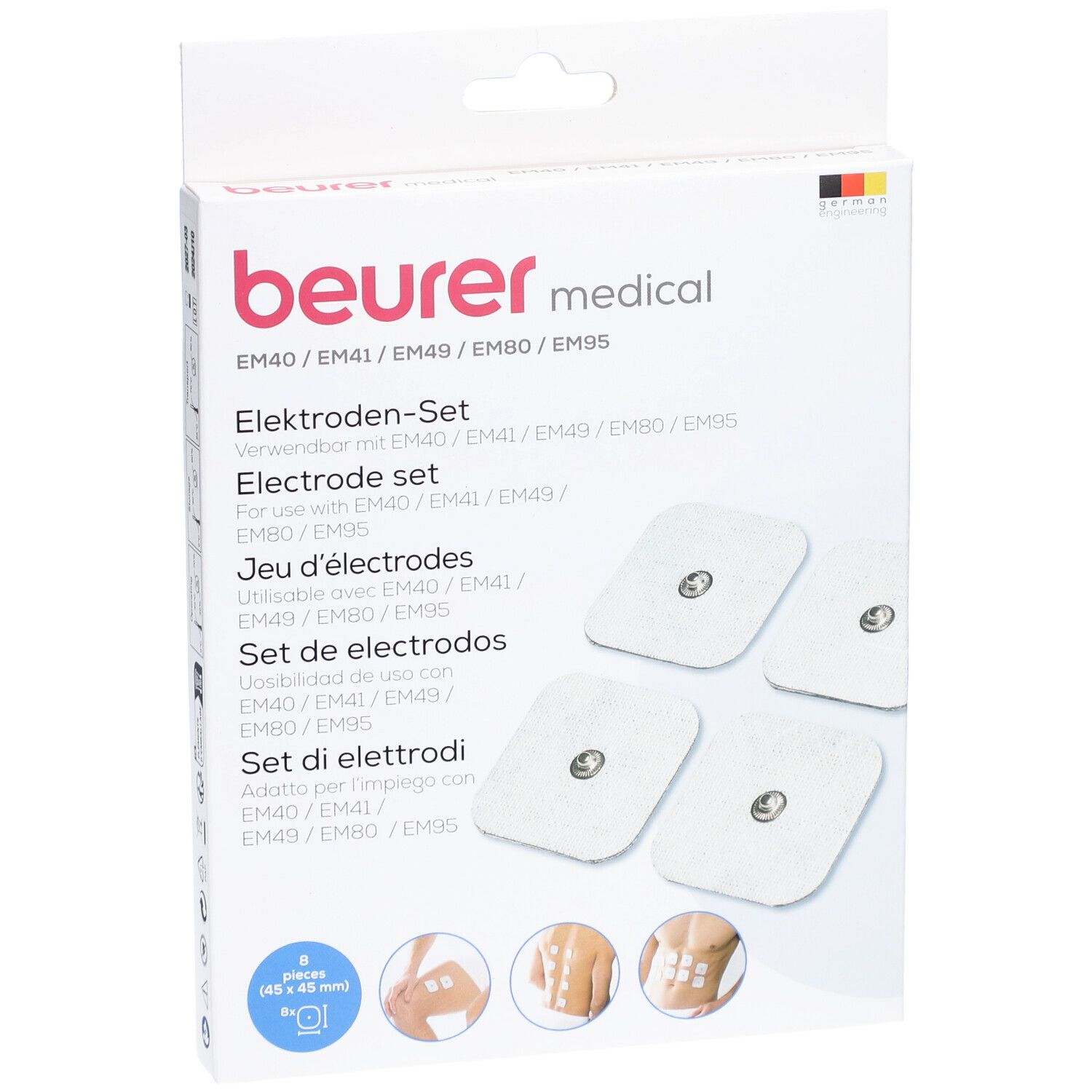 Beurer elektroden set. Verpakking met 4 vierkante, witte elektroden. Merk en productnaam zichtbaar.
