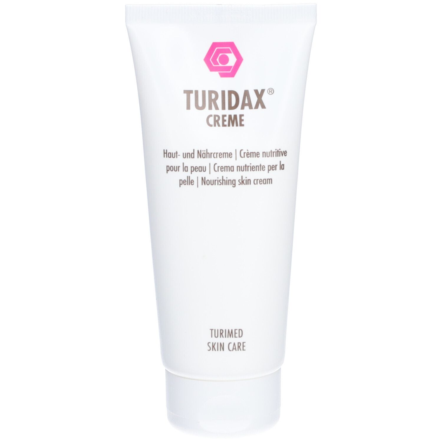 Tube blanc avec logo rose et texte TURIDAX CREME. Texte: Crème nutritive pour la peau.