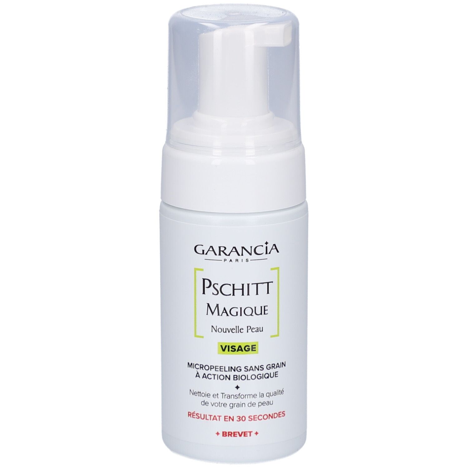 Witte fles met pomp. Opschrift: GARANCIA, Pschitt Magique, Nouvelle Peau, Visage. Micropeeling zonder korrels.