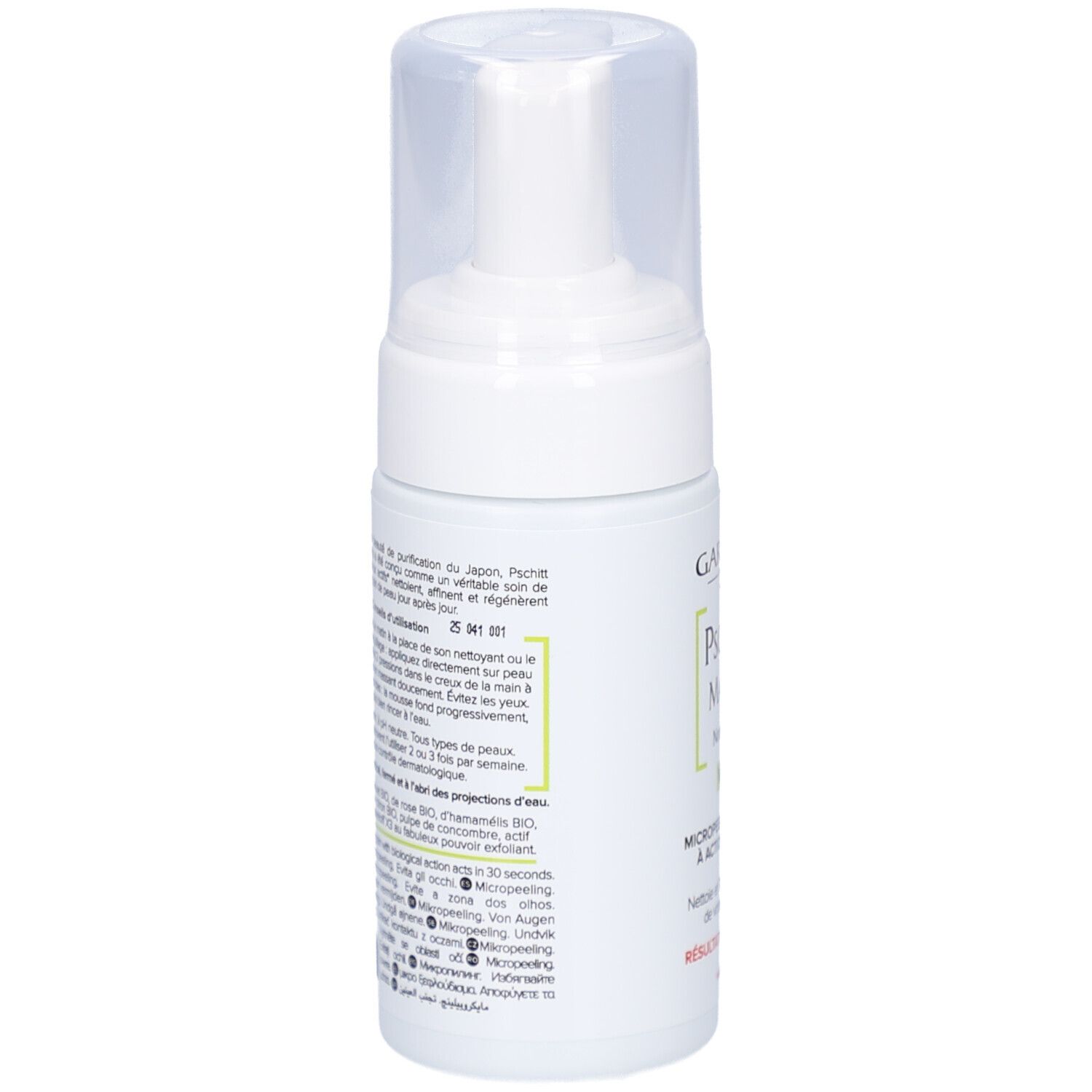 Witte fles met pomp. Opschrift: GARANCIA, Pschitt Magique, Nouvelle Peau, Visage. Franse tekst.