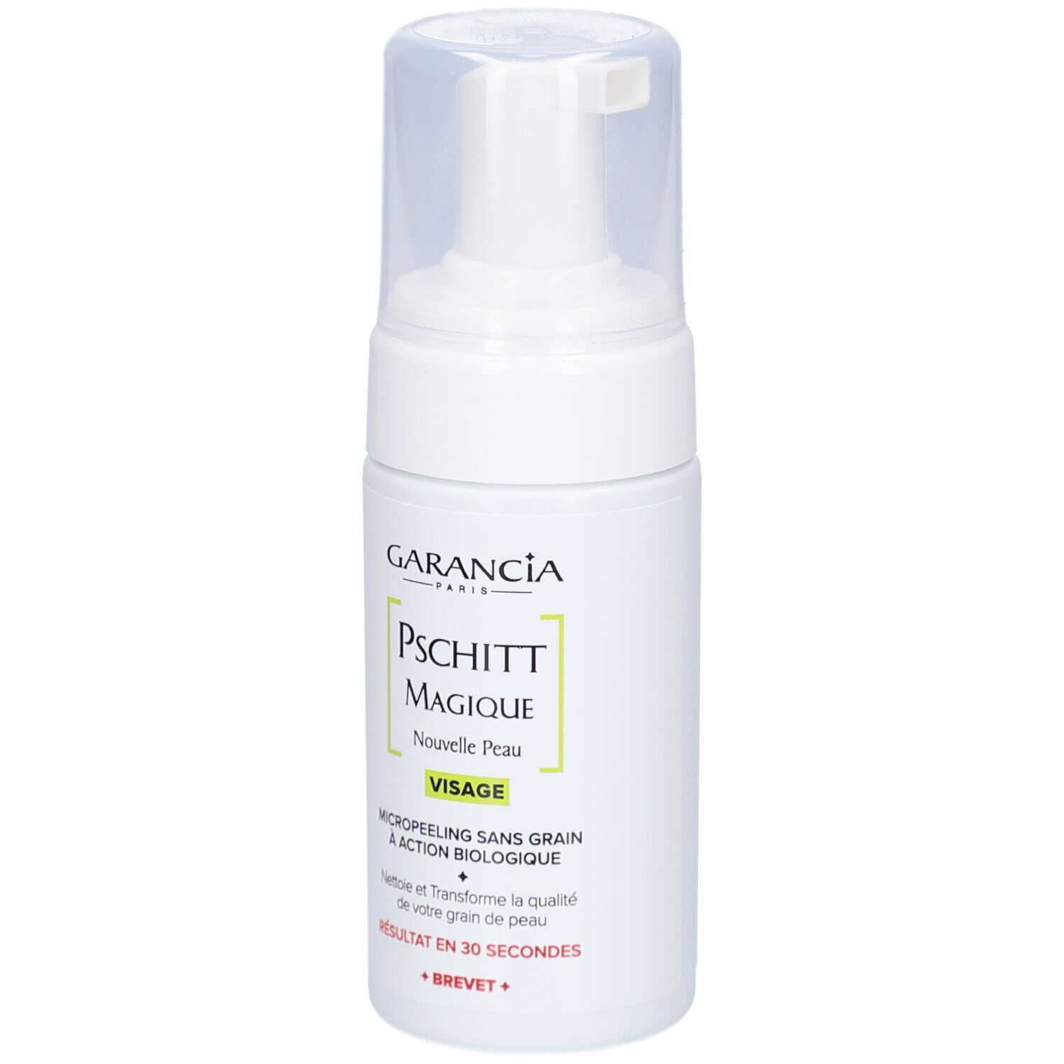 Witte fles met pomp. Opschrift: GARANCIA, Pschitt Magique, Nouvelle Peau, Visage. Micropeeling zonder korrels.