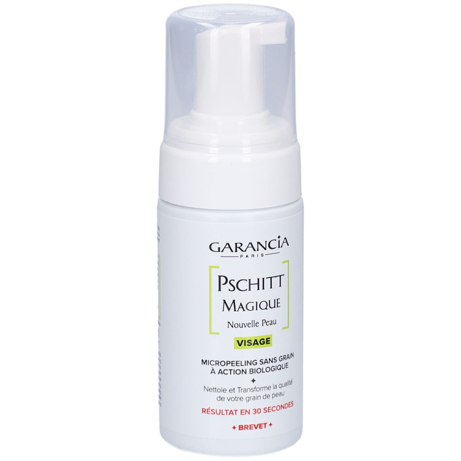 Witte fles met pomp. Opschrift: GARANCIA, Pschitt Magique, Nouvelle Peau, Visage. Micropeeling zonder korrels.