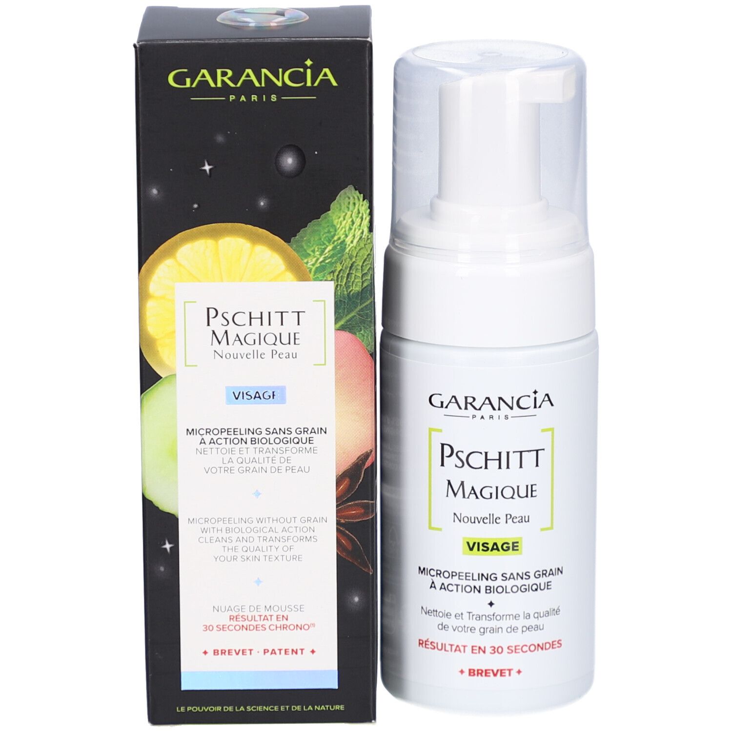Productfles en verpakking. Opschrift: GARANCIA, Pschitt Magique, Nouvelle Peau, Visage. Micropeeling zonder korrels.