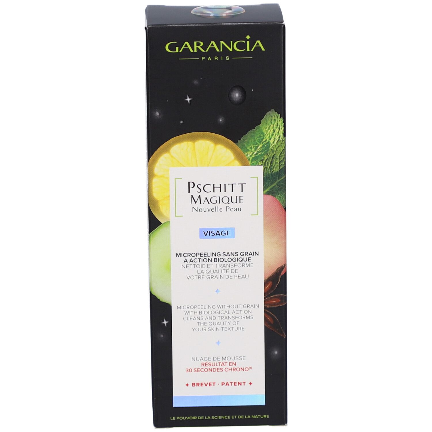 Productverpakking. Opschrift: GARANCIA, Pschitt Magique, Nouvelle Peau, Visage. Micropeeling zonder korrels.