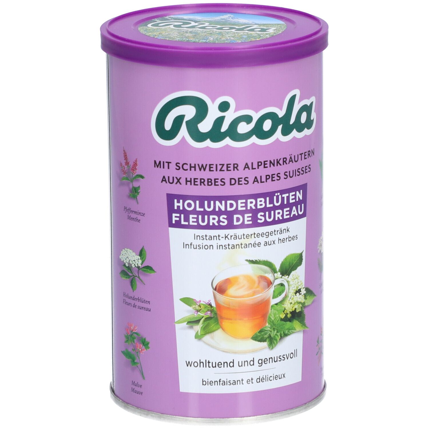 Boîte cylindrique Ricola Instant Kräutertee Holunderblüten. Couvercle et boîte violets. Texte et illustrations d'herbes.