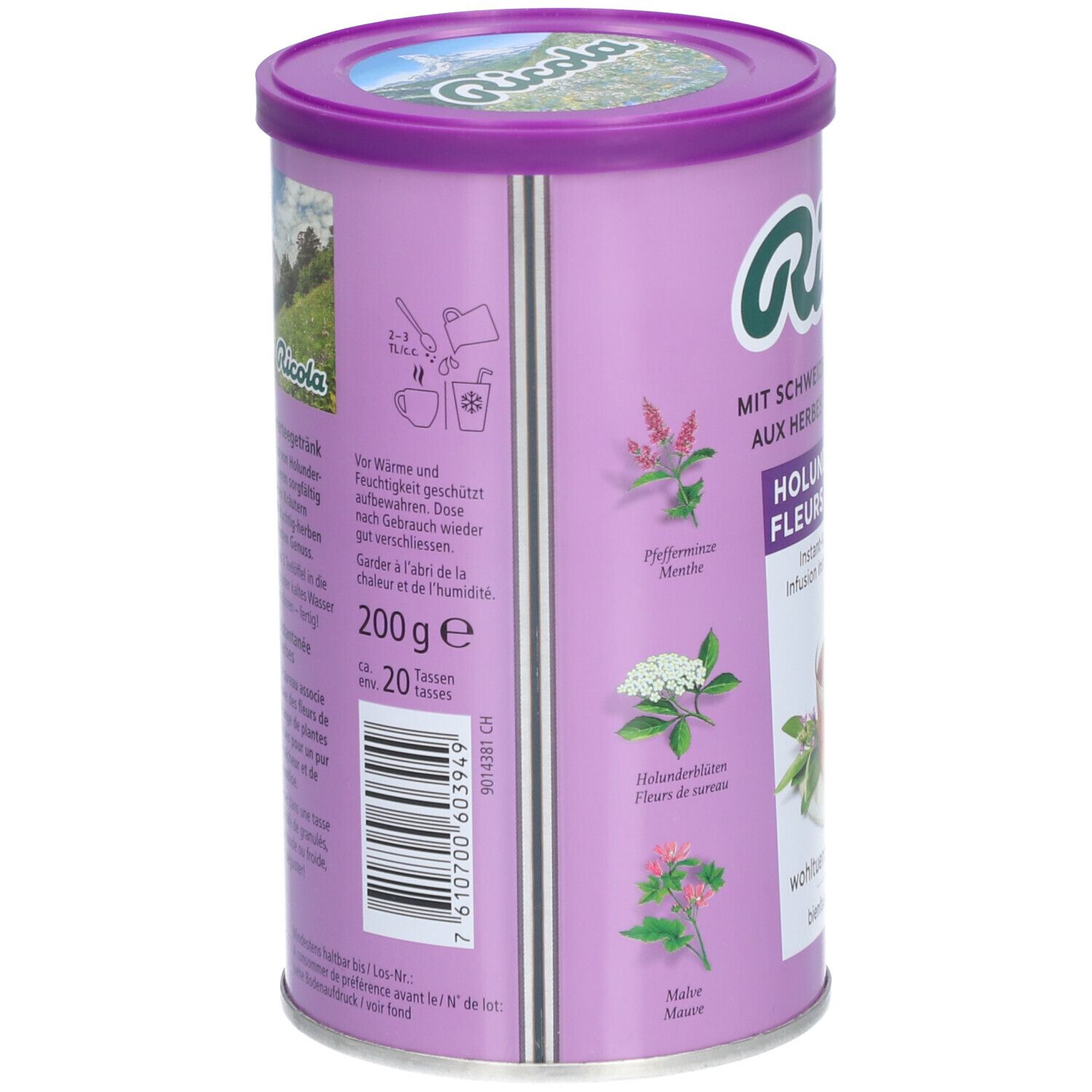 Dos de la boîte Ricola Instant Kräutertee Holunderblüten. Texte, ingrédients, préparation, code-barres et 200g.