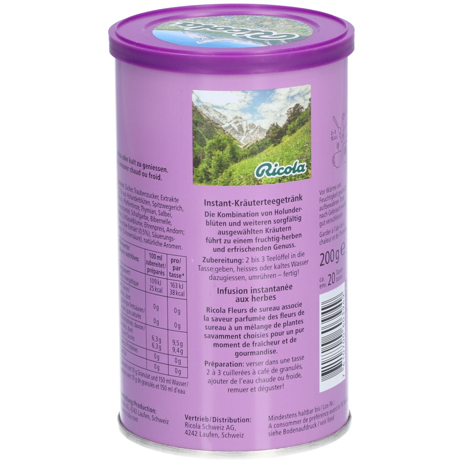 Dos de la boîte Ricola Instant Kräutertee Holunderblüten. Texte, informations nutritionnelles, préparation, 200g et 20 tasses.