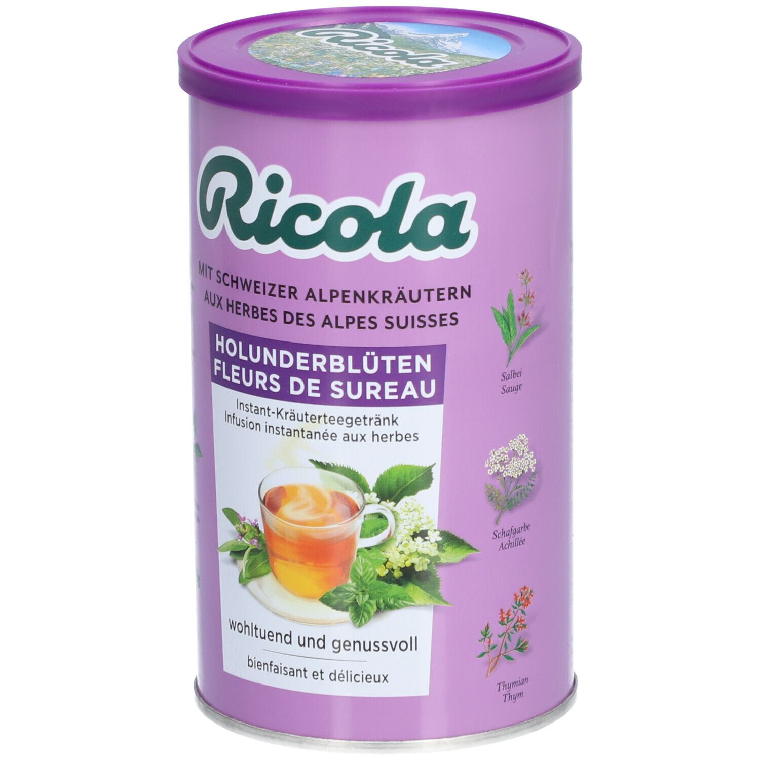 Boîte cylindrique Ricola Instant Kräutertee Holunderblüten. Couvercle et boîte violets. Texte et illustrations d'herbes.