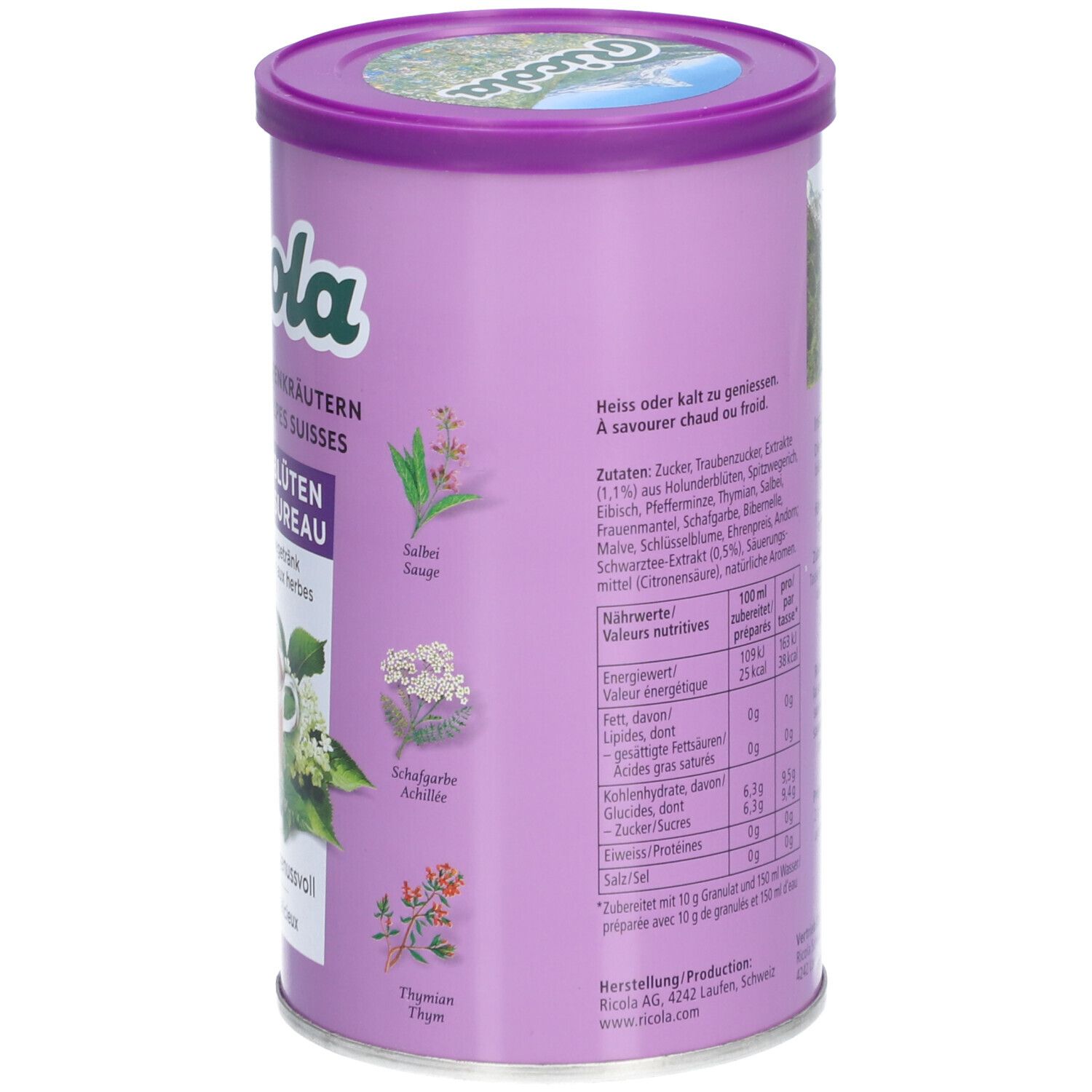 Dos de la boîte Ricola Instant Kräutertee Holunderblüten. Texte, ingrédients, valeurs nutritionnelles, 200g et illustrations d'herbes.
