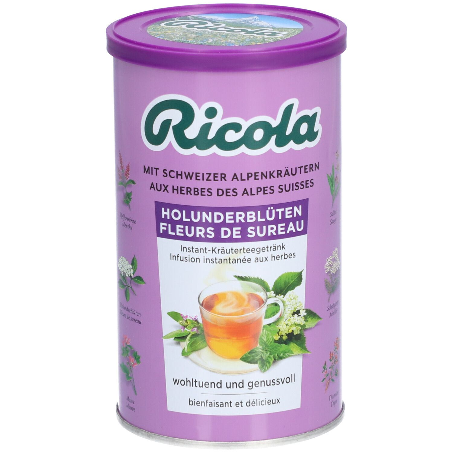 Boîte cylindrique Ricola Instant Kräutertee Holunderblüten. Couvercle et boîte violets. Texte et illustrations d'herbes.