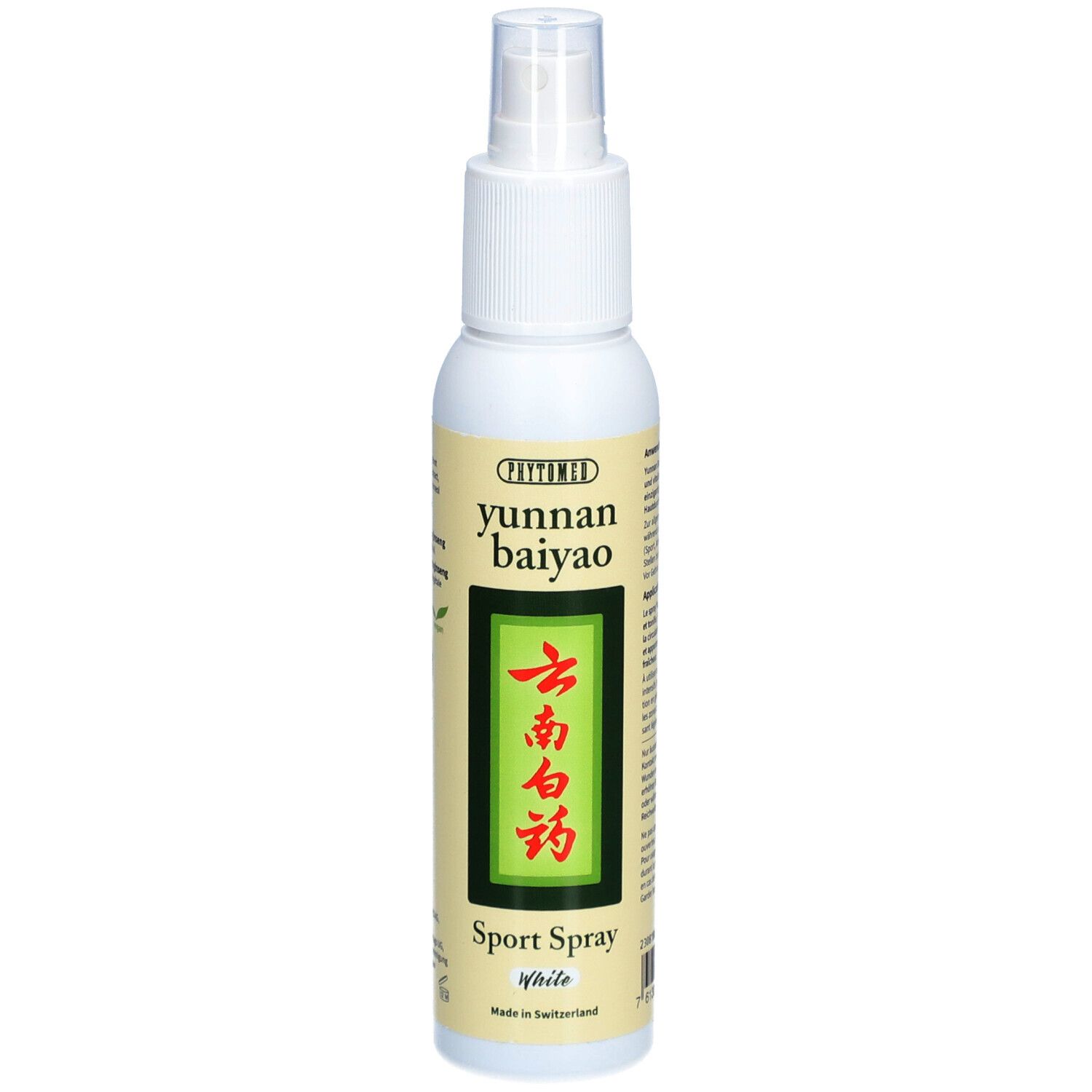 Witte sprayfles met etiket. Opschrift: Yunnan Baiyao Sport Spray White. Groen logo.