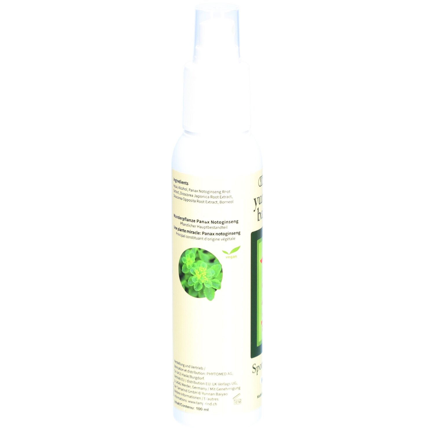 Achteraanzicht van de witte sprayfles. Etiket met ingrediënten en plantafbeelding.