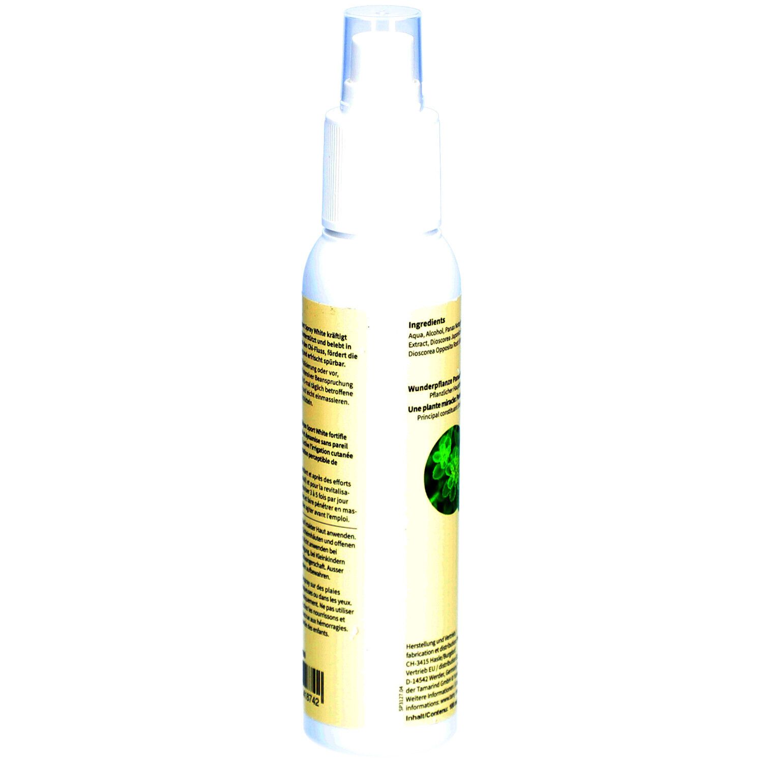 Achteraanzicht van de witte sprayfles. Etiket met ingrediënten en plantafbeelding.