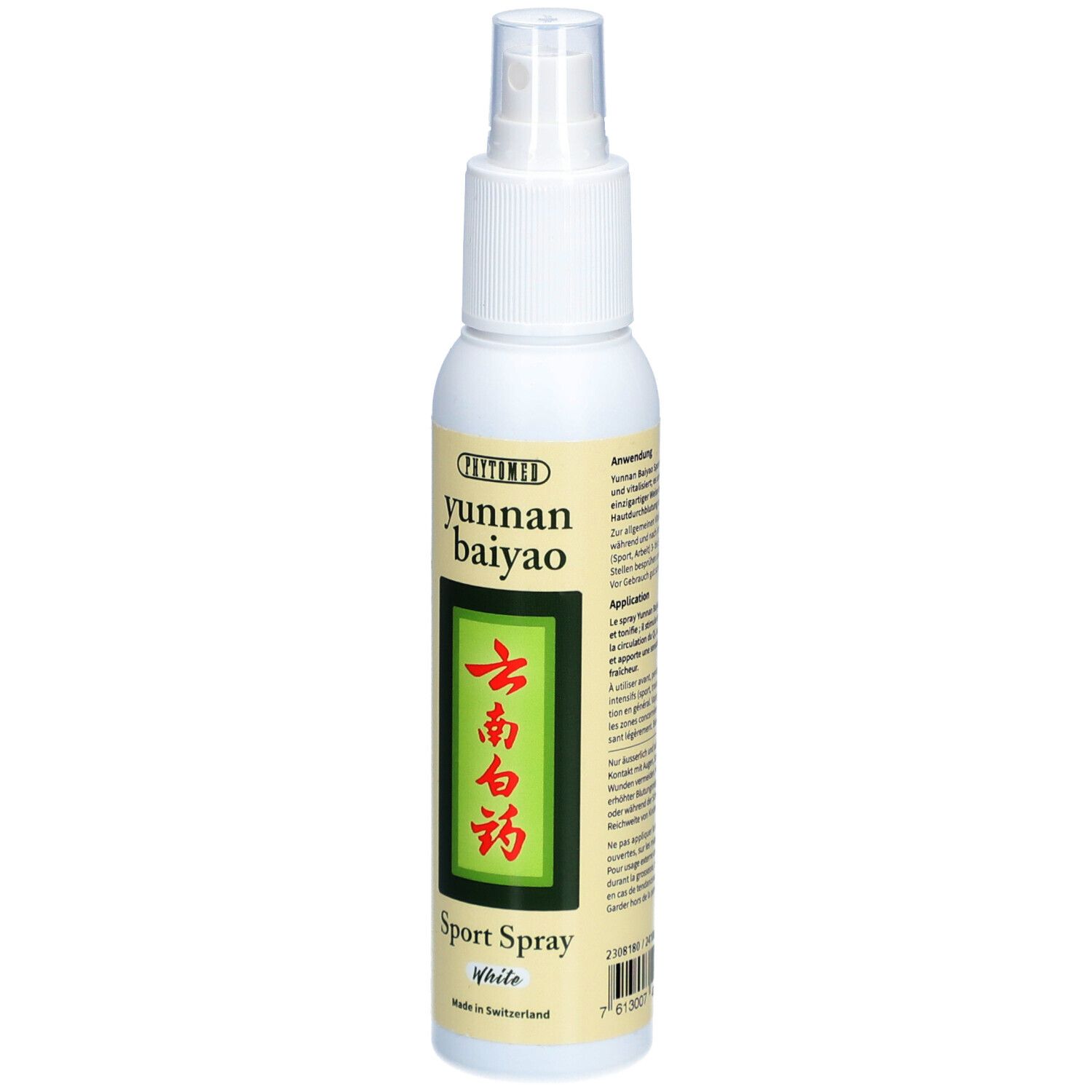 Witte sprayfles met etiket. Opschrift: Yunnan Baiyao Sport Spray White. Groen logo.