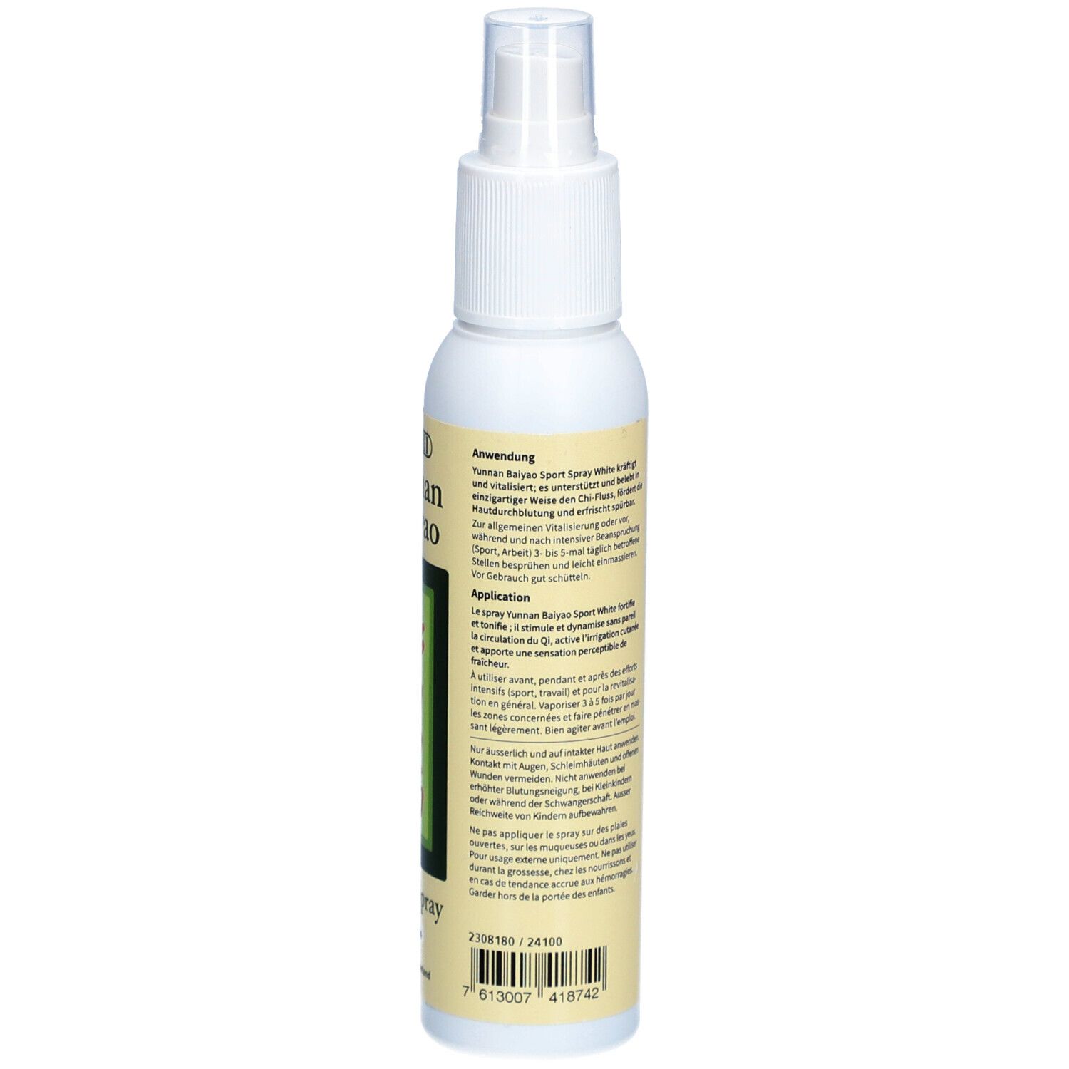 Achteraanzicht van de witte sprayfles. Etiket met gebruiksaanwijzing en barcode.