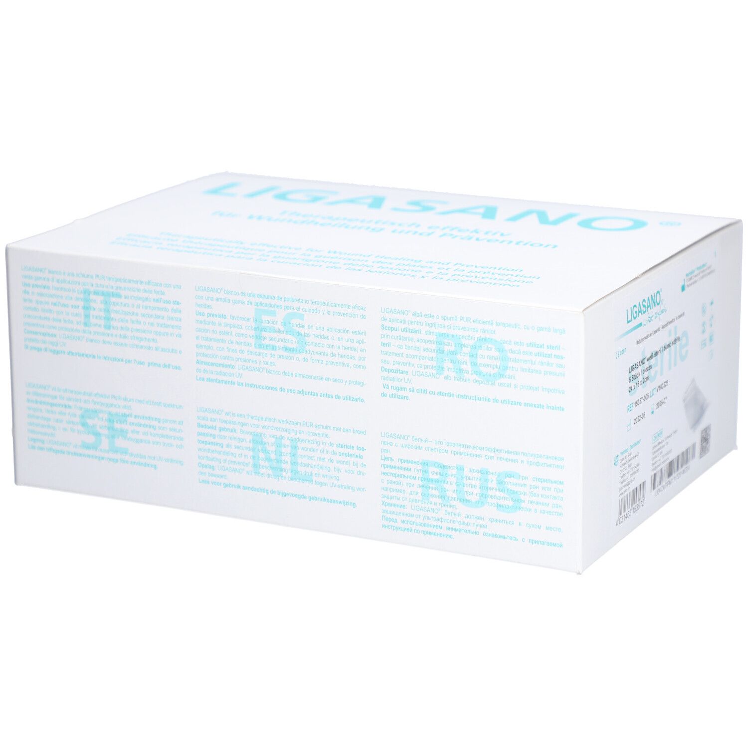 Witte doos met meertalige tekst. Opschrift: LIGASANO®. Tekst in verschillende talen, waaronder Duits, Italiaans, Nederlands en Frans.