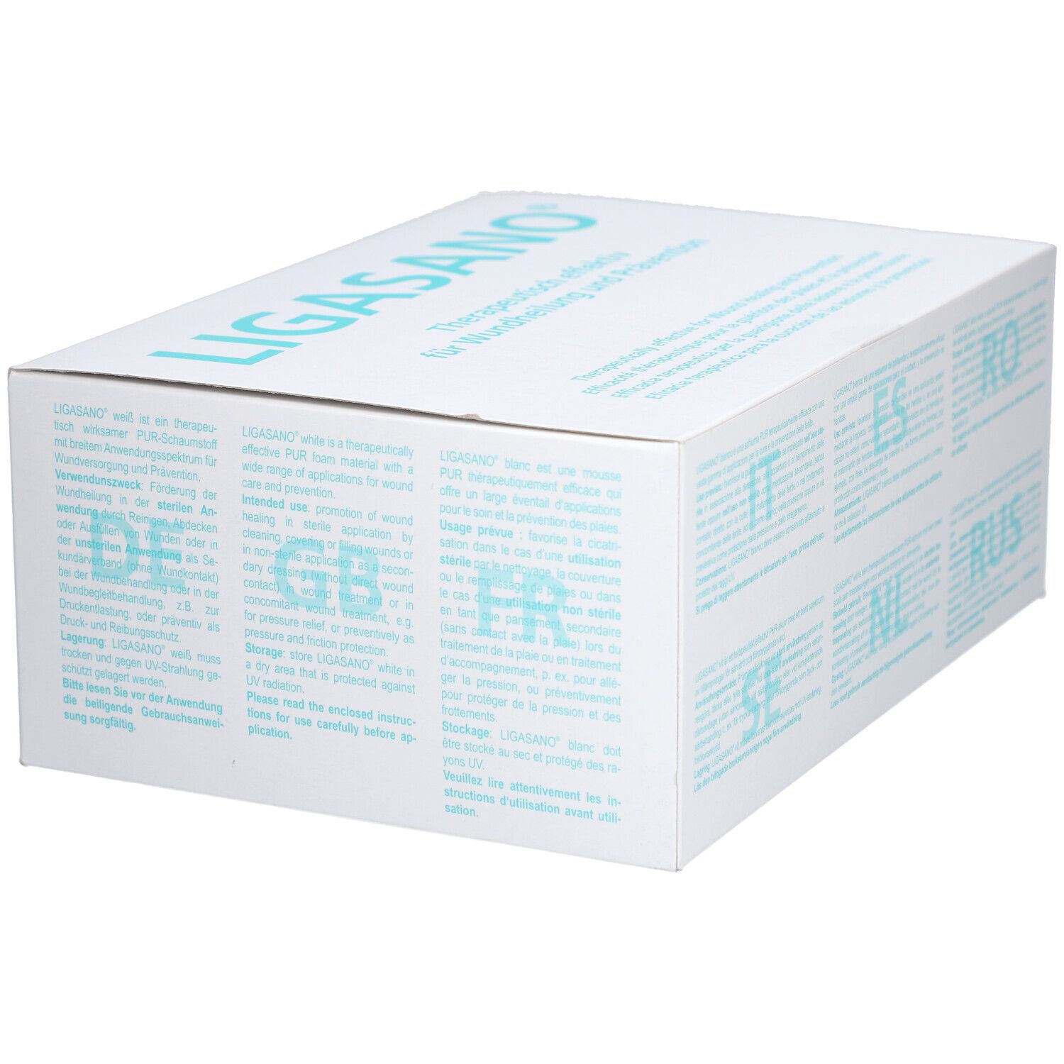 Witte doos met LIGASANO®-opschrift en meertalige tekst. Tekst in het Duits, Engels, Frans, Italiaans, Zweeds, Nederlands, etc.