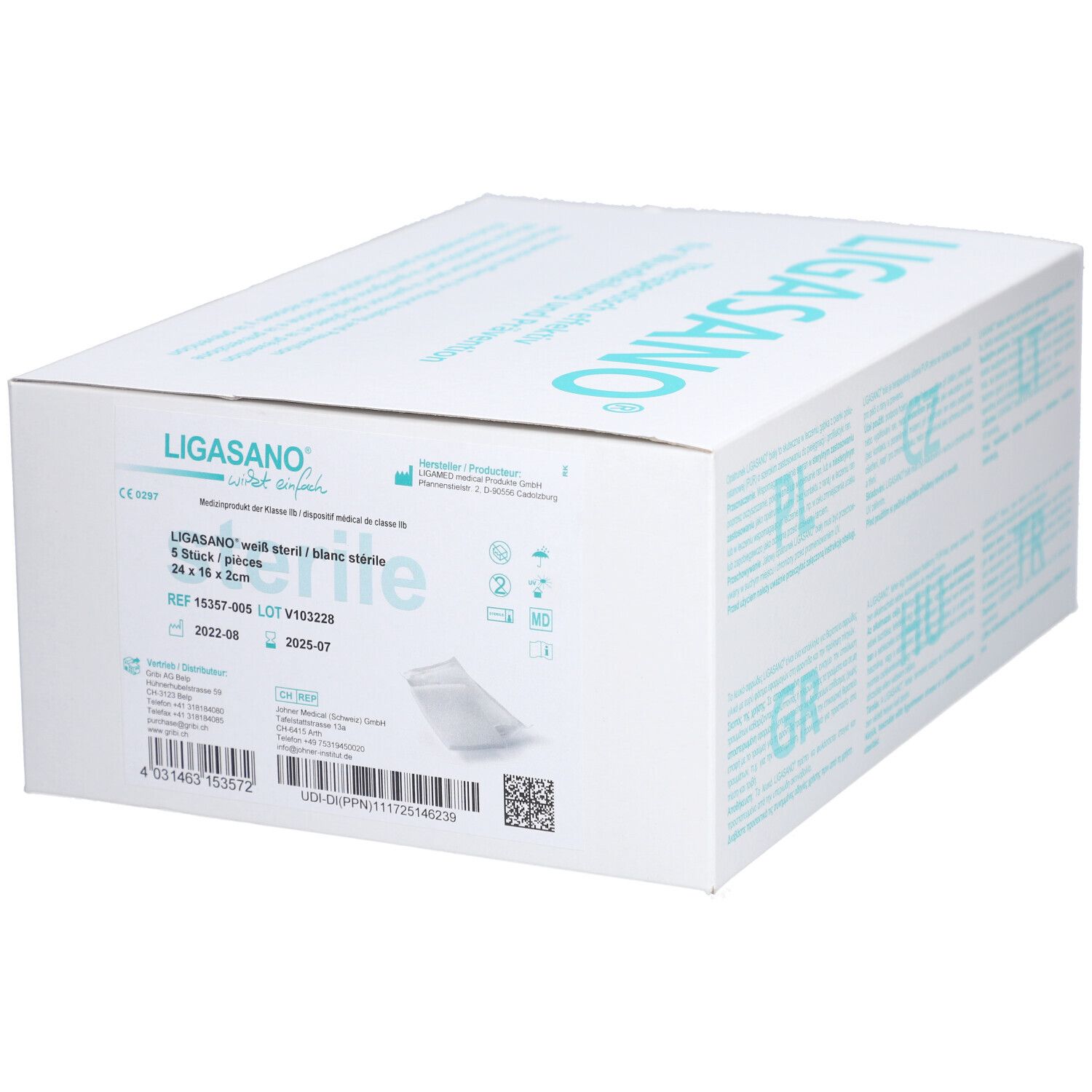 Witte doos met LIGASANO®-opschrift. Bevat steriele schuimverbanden. Opdruk: 5 stuks, 24 x 16 x 2 cm. Verdere informatie op de verpakking.