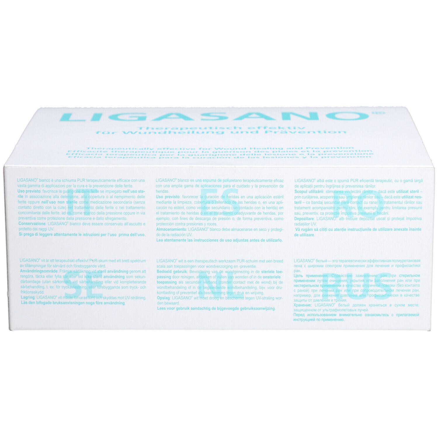Witte doos met LIGASANO®-opschrift en meertalige tekst. Tekst in het Duits, Italiaans, Spaans, Roemeens, etc.
