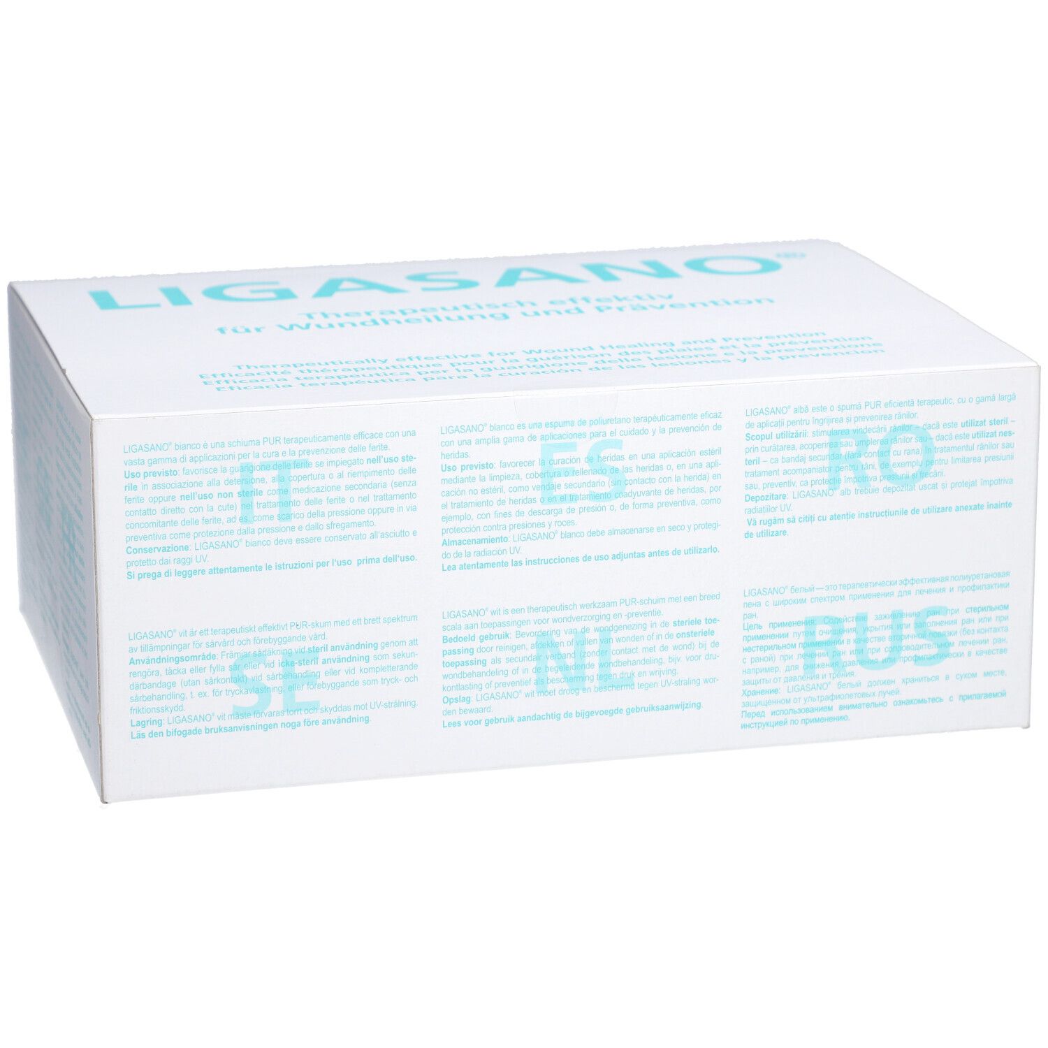 Witte doos met LIGASANO®-opschrift en meertalige tekst. Tekst in het Duits, Italiaans, Spaans, Roemeens, etc.